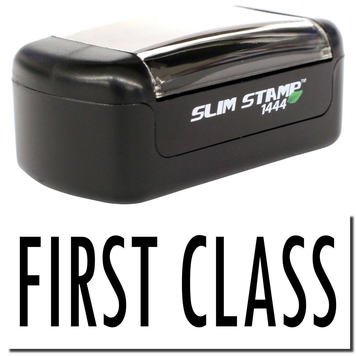 A stock office pre-inked stamp with a stamped image showing how the text "FIRST CLASS" is displayed after stamping.
