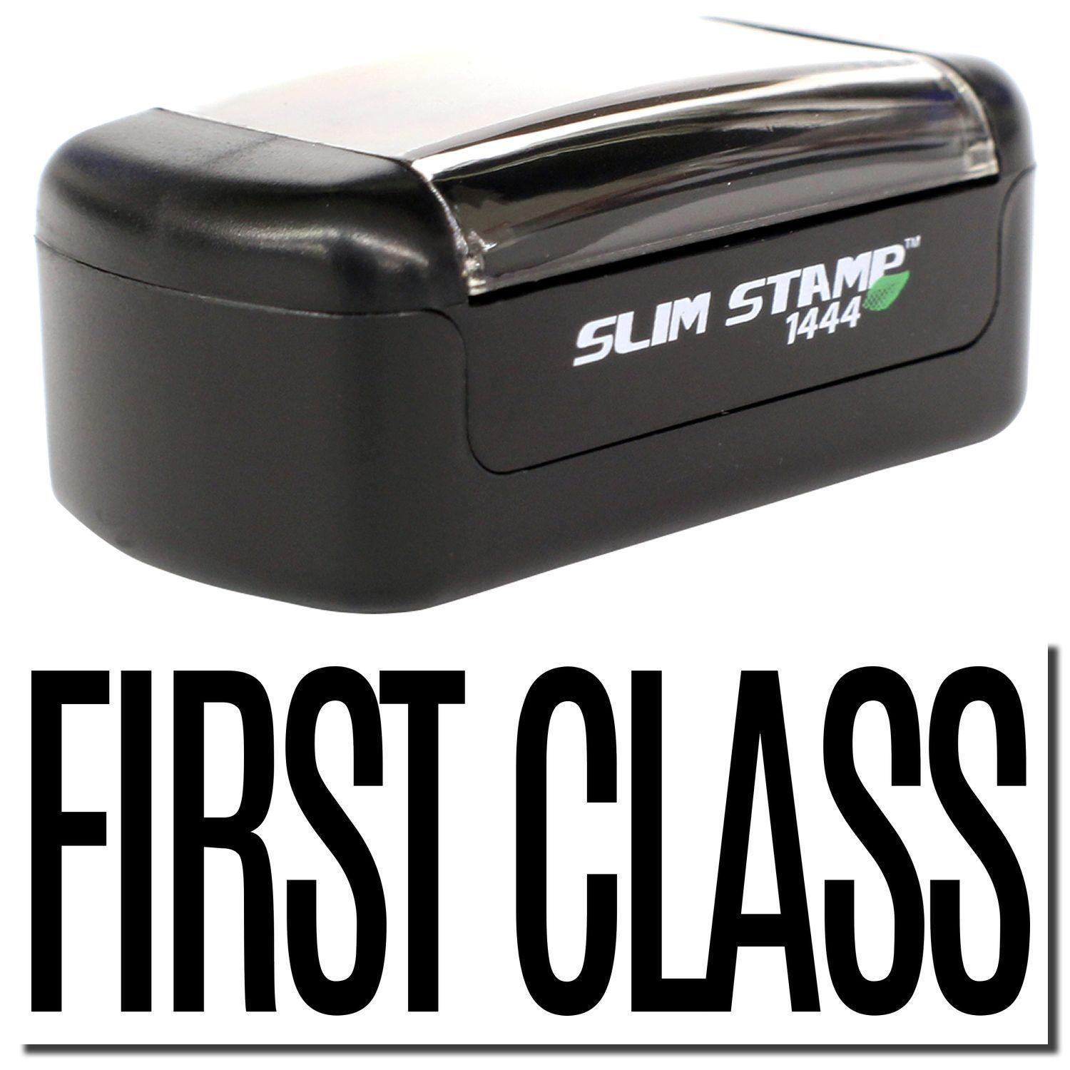 A stock office pre-inked stamp with a stamped image showing how the text FIRST CLASS is displayed after stamping.