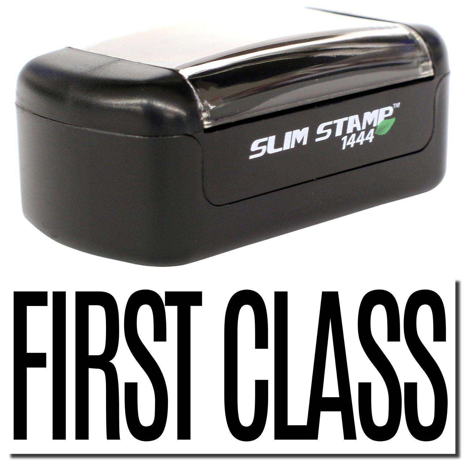 A stock office pre-inked stamp with a stamped image showing how the text "FIRST CLASS" is displayed after stamping.