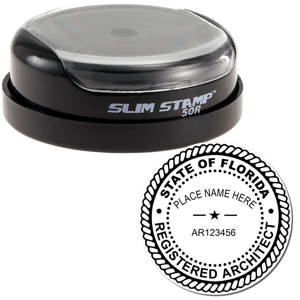 The main image for the Slim Pre-Inked Florida Architect Seal Stamp depicting a sample of the imprint and electronic files