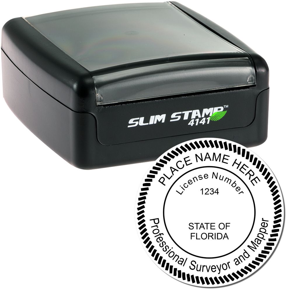 The main image for the Slim Pre-Inked Florida Land Surveyor Seal Stamp depicting a sample of the imprint and electronic files