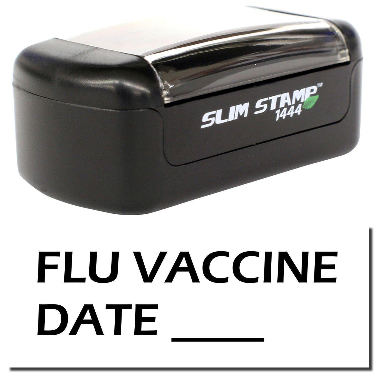 A stock office pre-inked stamp with a stamped image showing how the text &quot;FLU VACCINE DATE&quot; with a line is displayed after stamping.