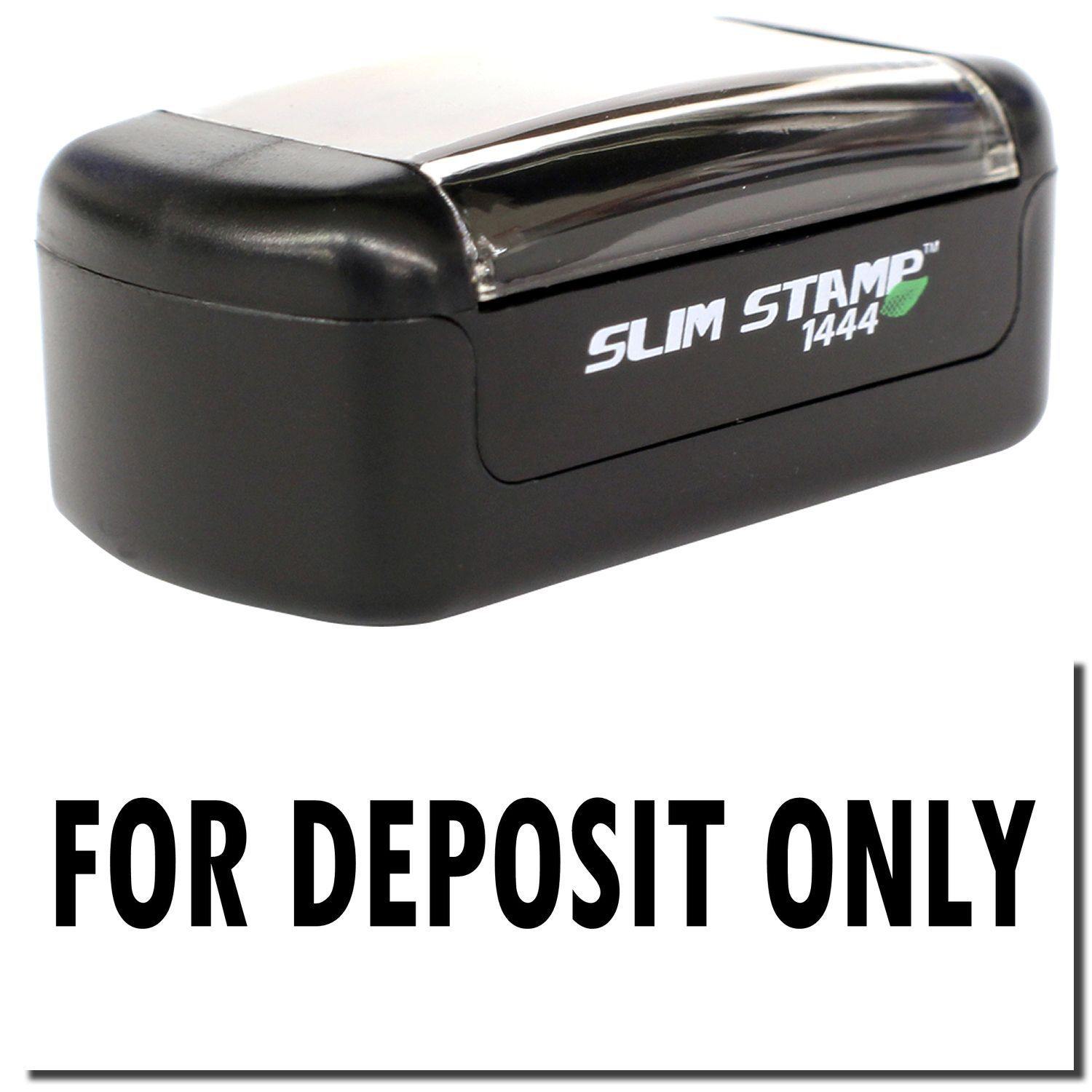 A stock office pre-inked stamp with a stamped image showing how the text FOR DEPOSIT ONLY is displayed after stamping.