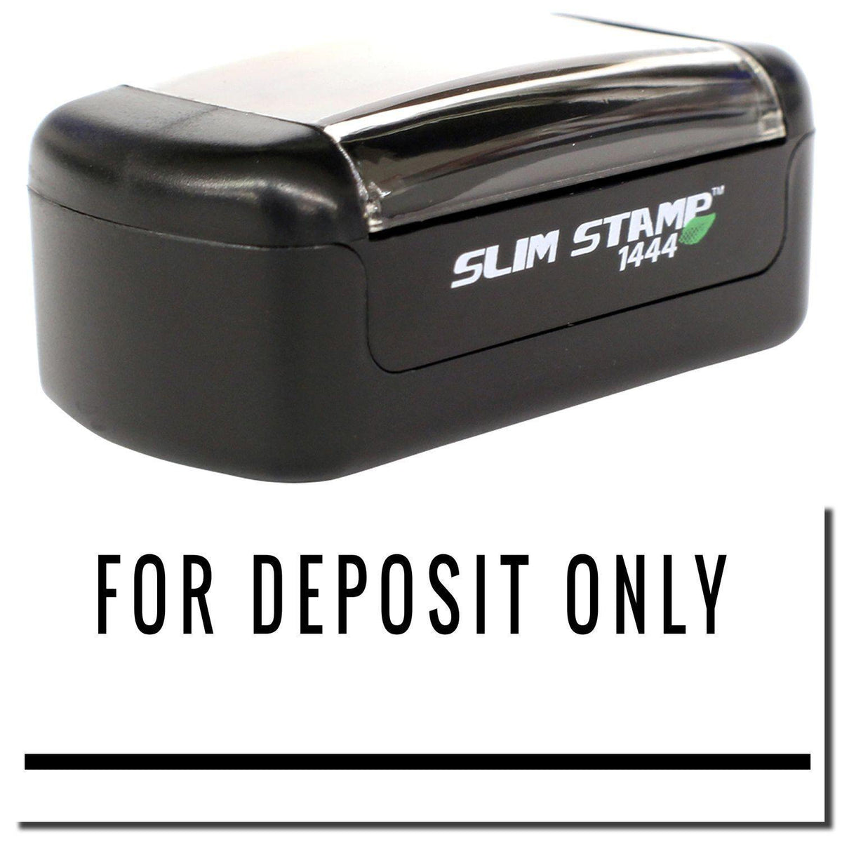 A stock office pre-inked stamp with a stamped image showing how the text &quot;FOR DEPOSIT ONLY&quot; with a line underneath the text is displayed after stamping.