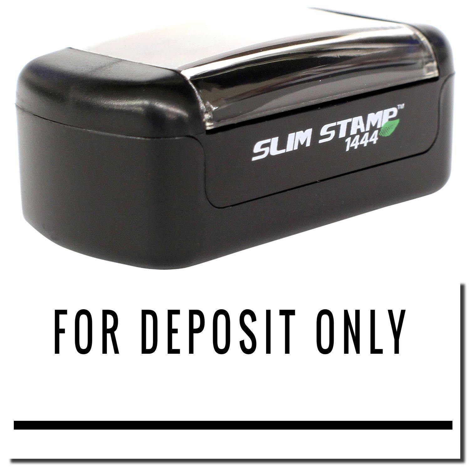 A stock office pre-inked stamp with a stamped image showing how the text "FOR DEPOSIT ONLY" with a line underneath the text is displayed after stamping.