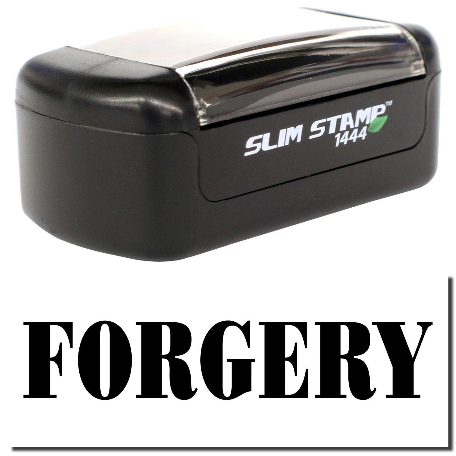 A stock office pre-inked stamp with a stamped image showing how the text FORGERY is displayed after stamping.