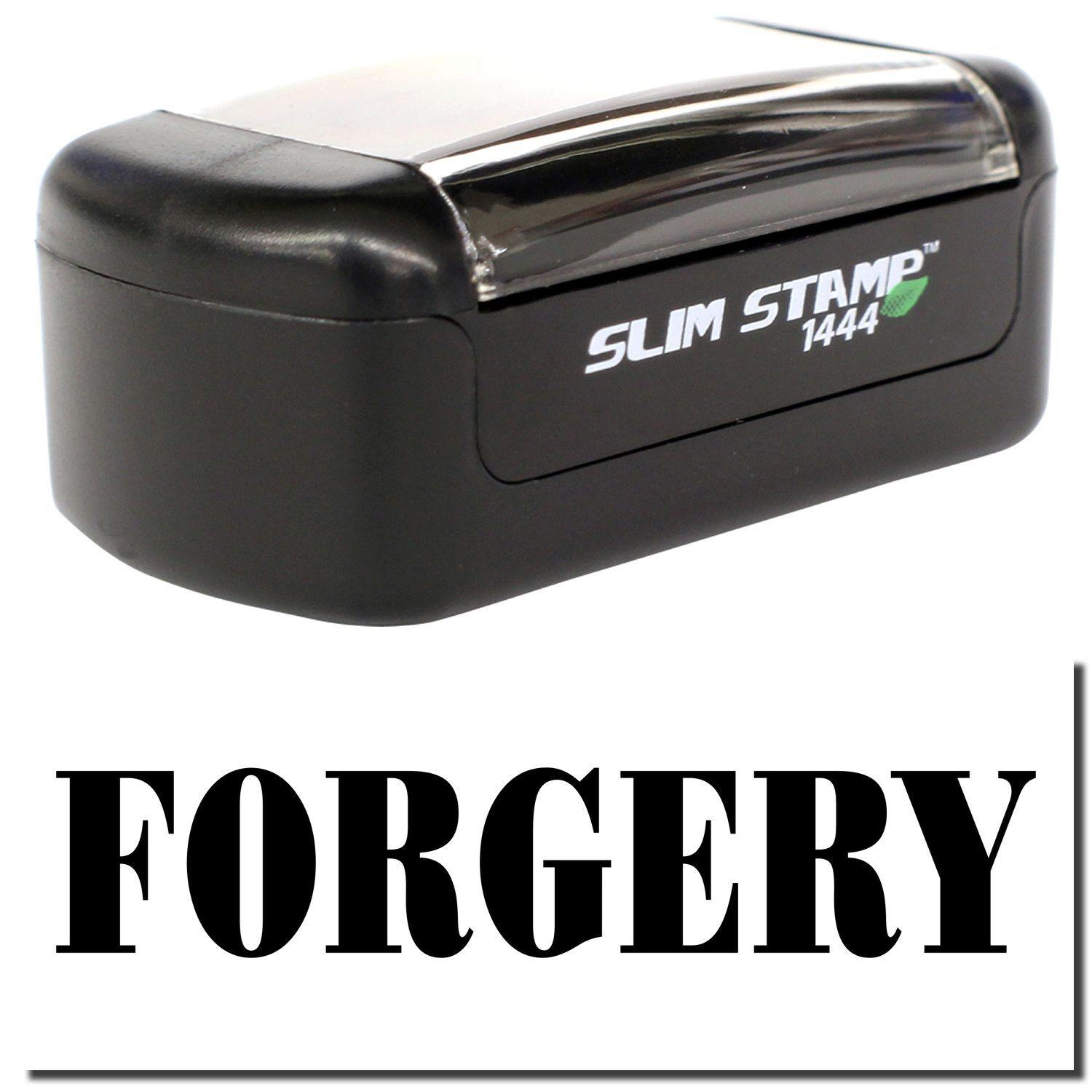 A stock office pre-inked stamp with a stamped image showing how the text "FORGERY" is displayed after stamping.