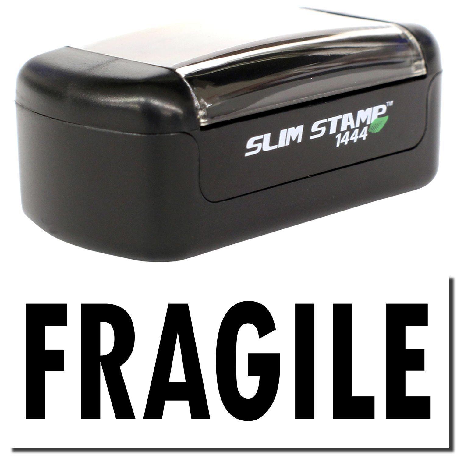 A stock office pre-inked stamp with a stamped image showing how the text FRAGILE is displayed after stamping.