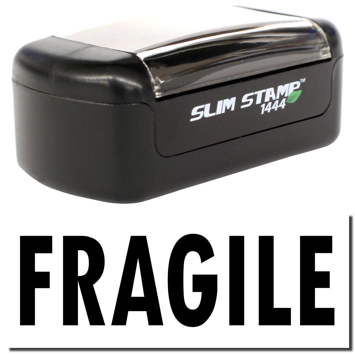 A stock office pre-inked stamp with a stamped image showing how the text "FRAGILE" is displayed after stamping.