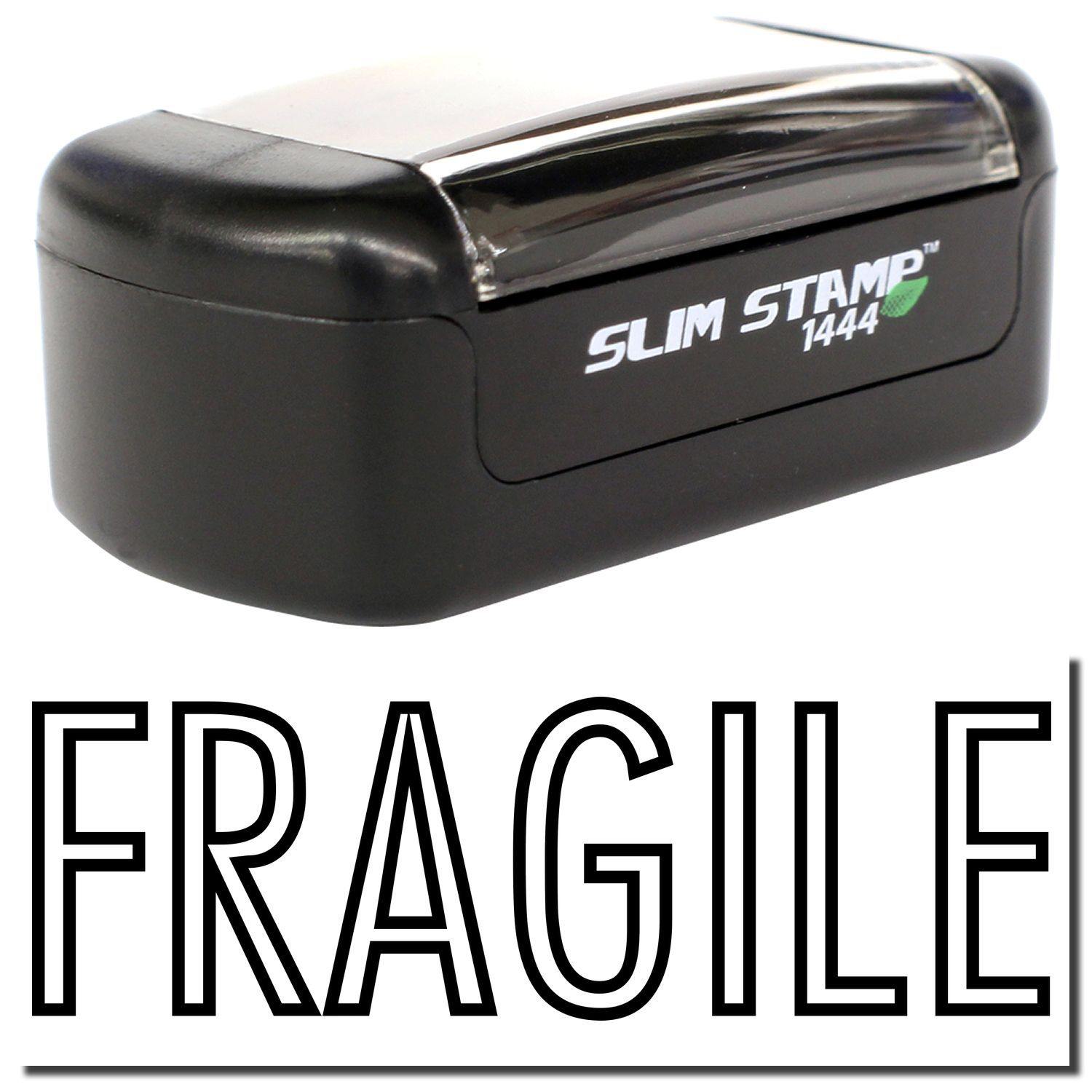 A stock office pre-inked stamp with a stamped image showing how the text FRAGILE in an outline font is displayed after stamping.