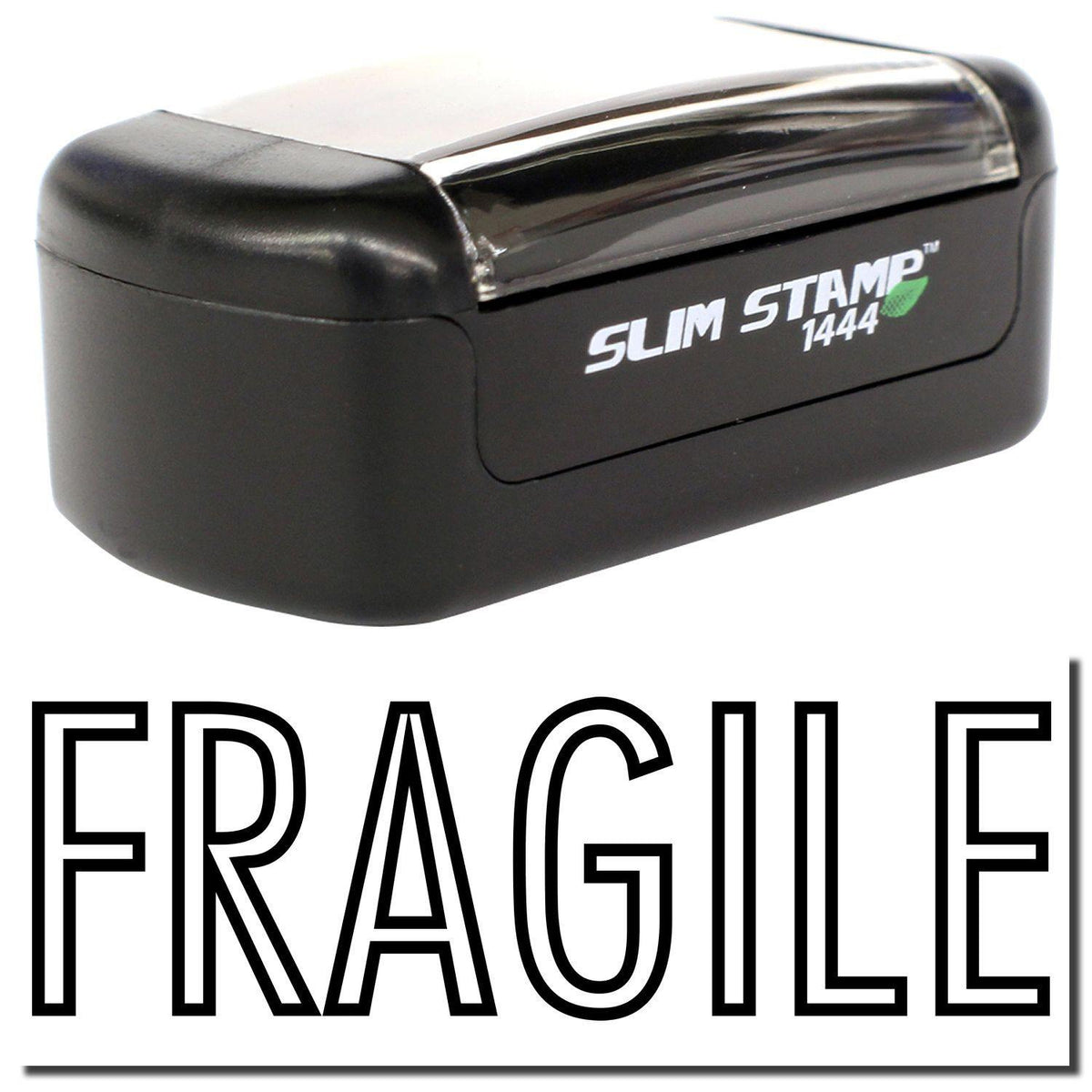 A stock office pre-inked stamp with a stamped image showing how the text &quot;FRAGILE&quot; in an outline font is displayed after stamping.
