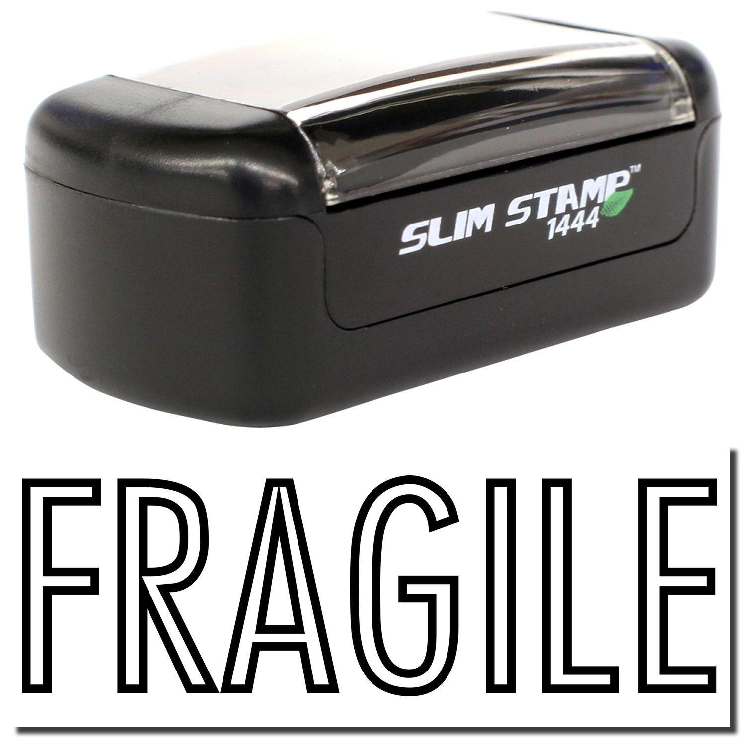 A stock office pre-inked stamp with a stamped image showing how the text "FRAGILE" in an outline font is displayed after stamping.