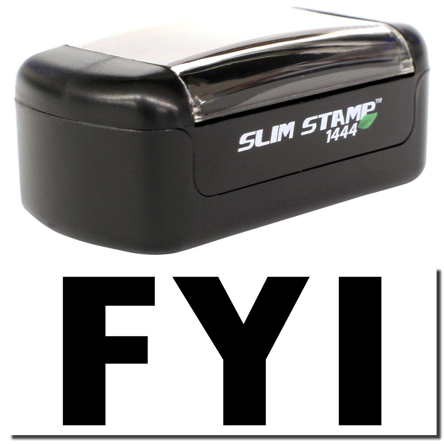 A stock office pre-inked stamp with a stamped image showing how the text "FYI" is displayed after stamping.