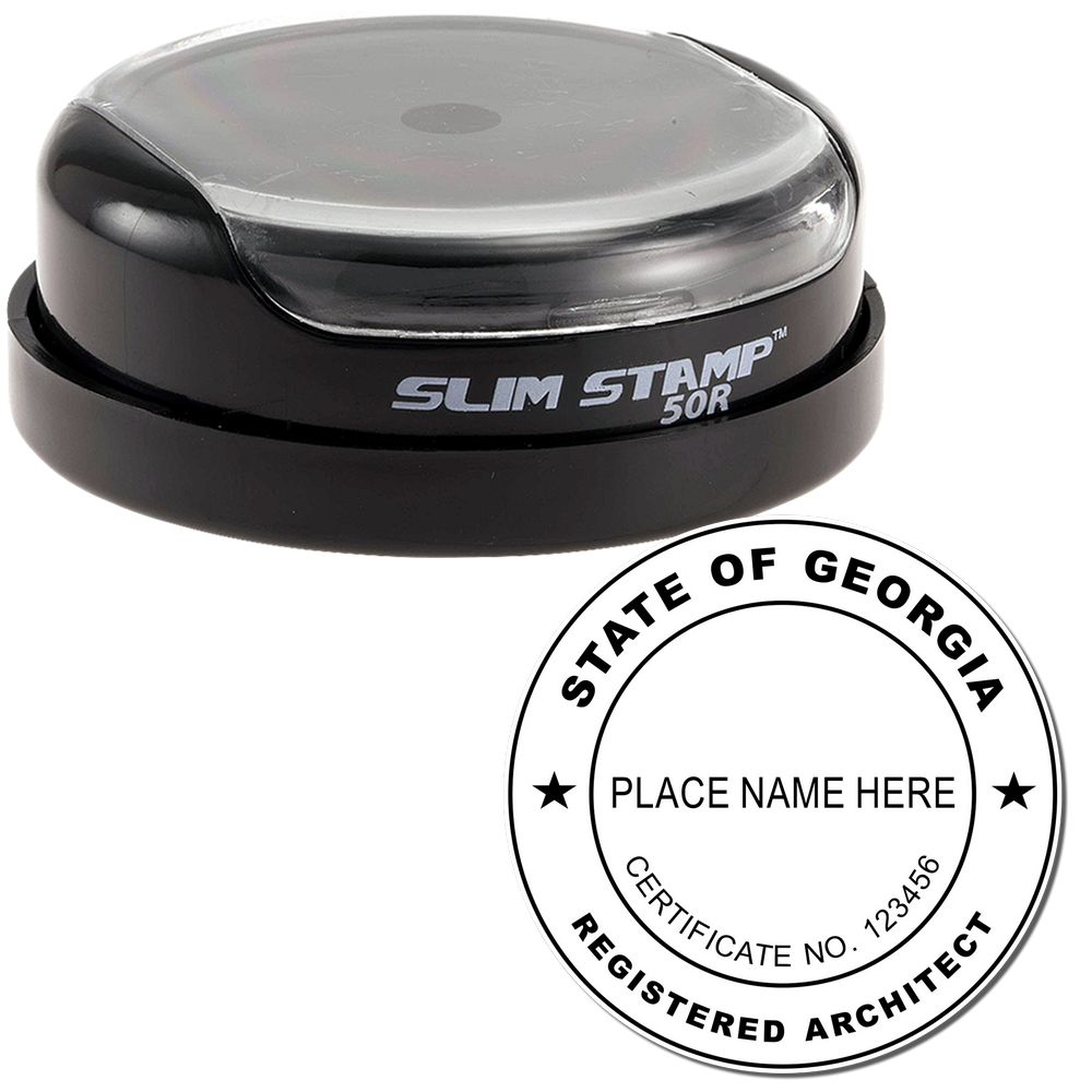 The main image for the Slim Pre-Inked Georgia Architect Seal Stamp depicting a sample of the imprint and electronic files