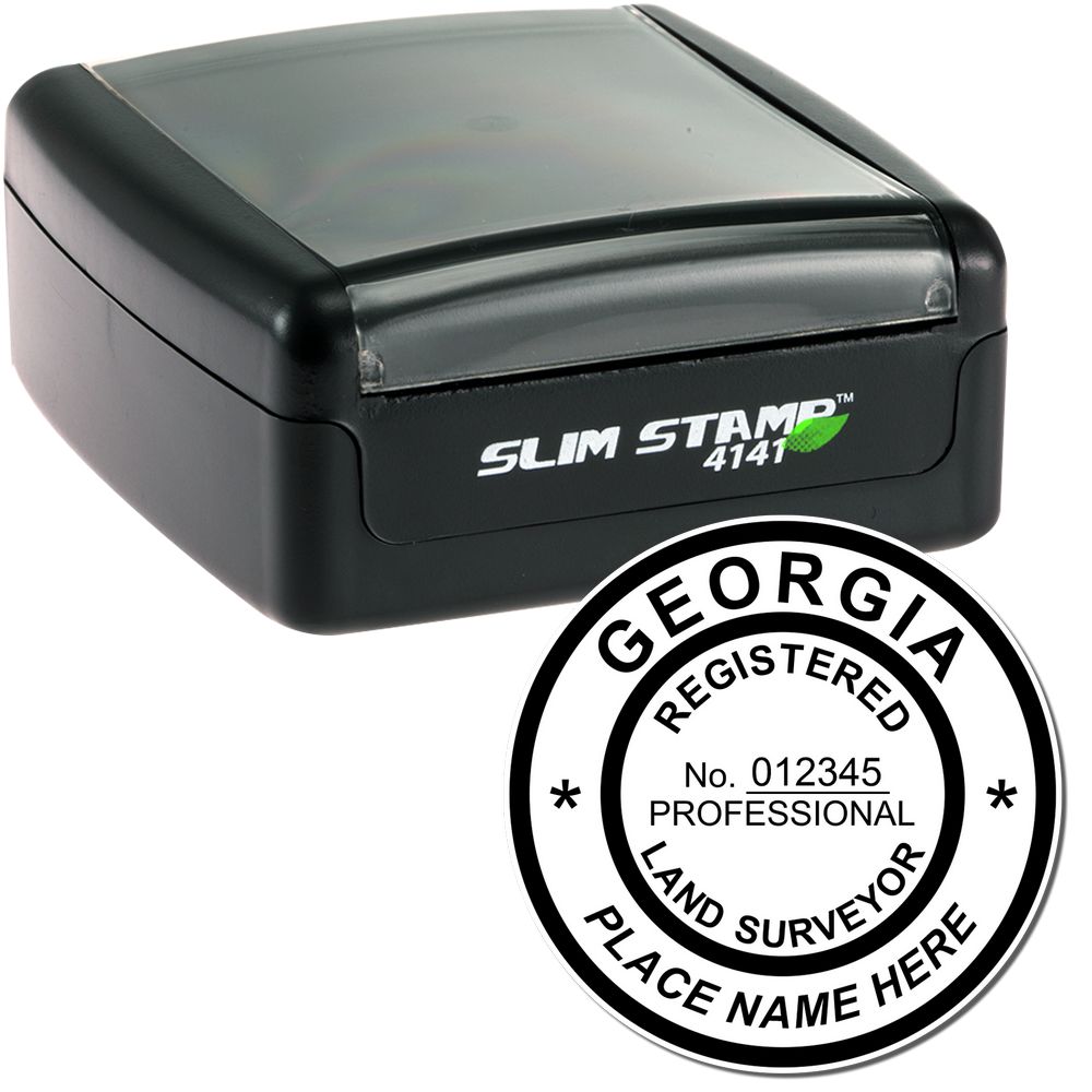 The main image for the Slim Pre-Inked Georgia Land Surveyor Seal Stamp depicting a sample of the imprint and electronic files