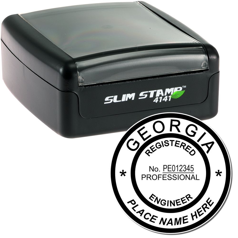 The main image for the Slim Pre-Inked Georgia Professional Engineer Seal Stamp depicting a sample of the imprint and electronic files