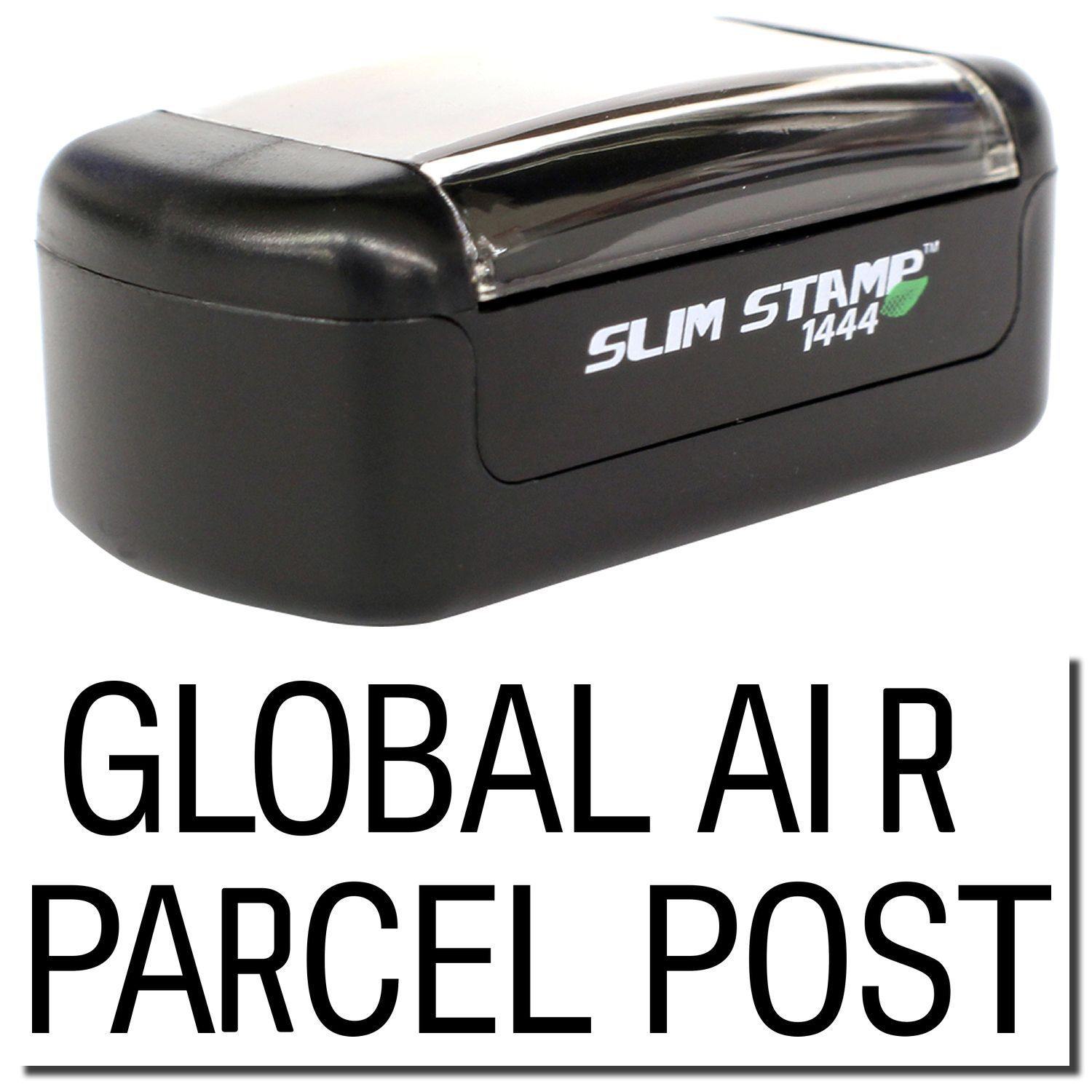 A stock office pre-inked stamp with a stamped image showing how the text GLOBAL AIR PARCEL POST is displayed after stamping.