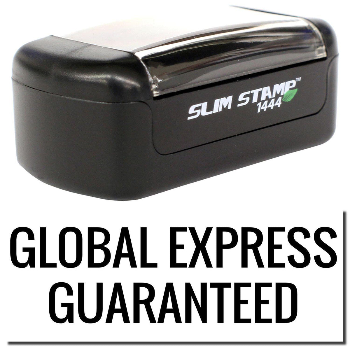 A stock office pre-inked stamp with a stamped image showing how the text &quot;GLOBAL EXPRESS GUARANTEED&quot; is displayed after stamping.