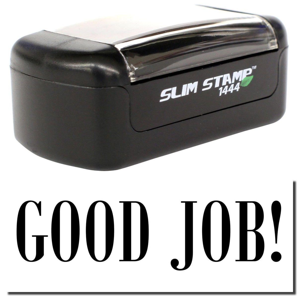 A stock office pre-inked stamp with a stamped image showing how the text &quot;GOOD JOB!&quot; is displayed after stamping.