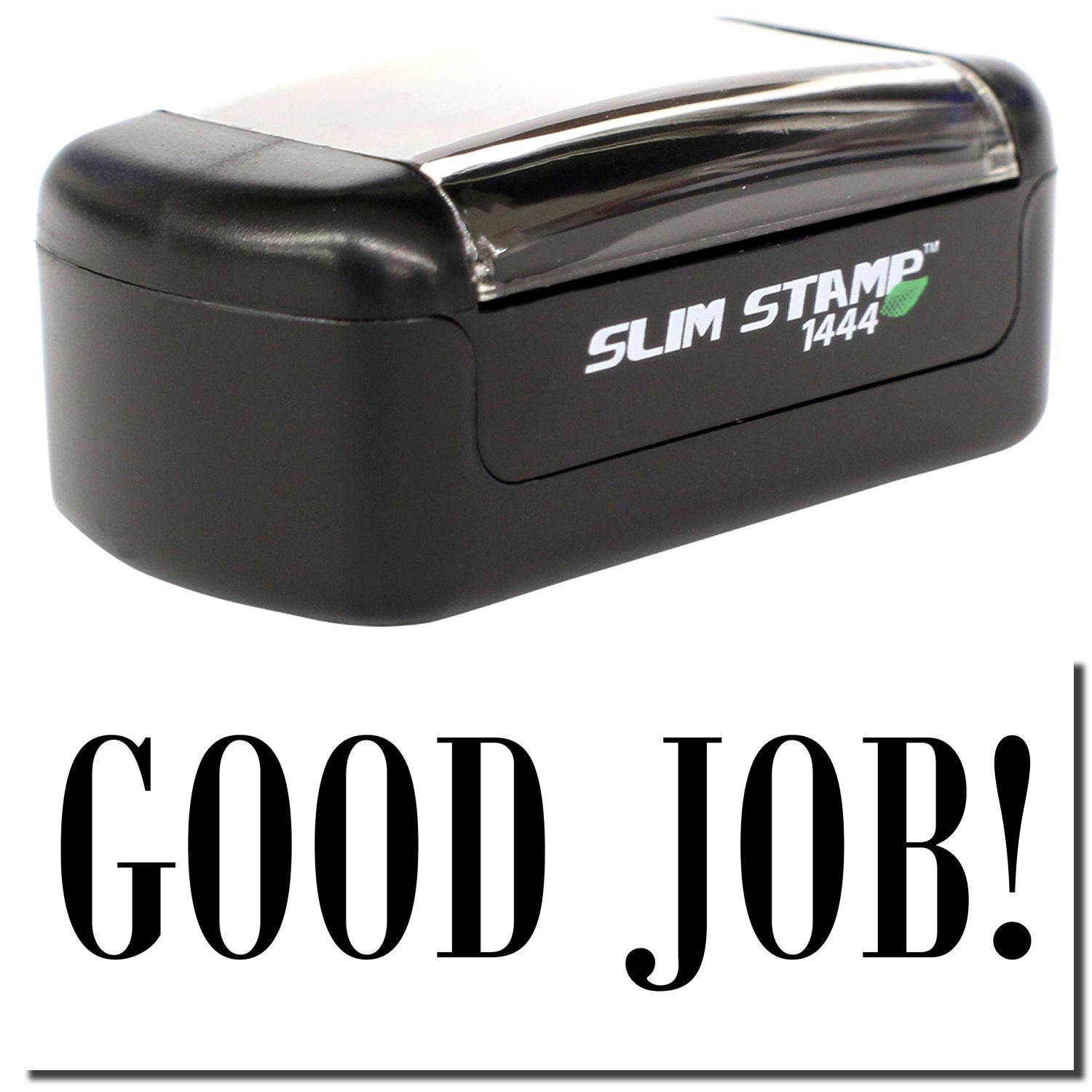 A stock office pre-inked stamp with a stamped image showing how the text "GOOD JOB!" is displayed after stamping.