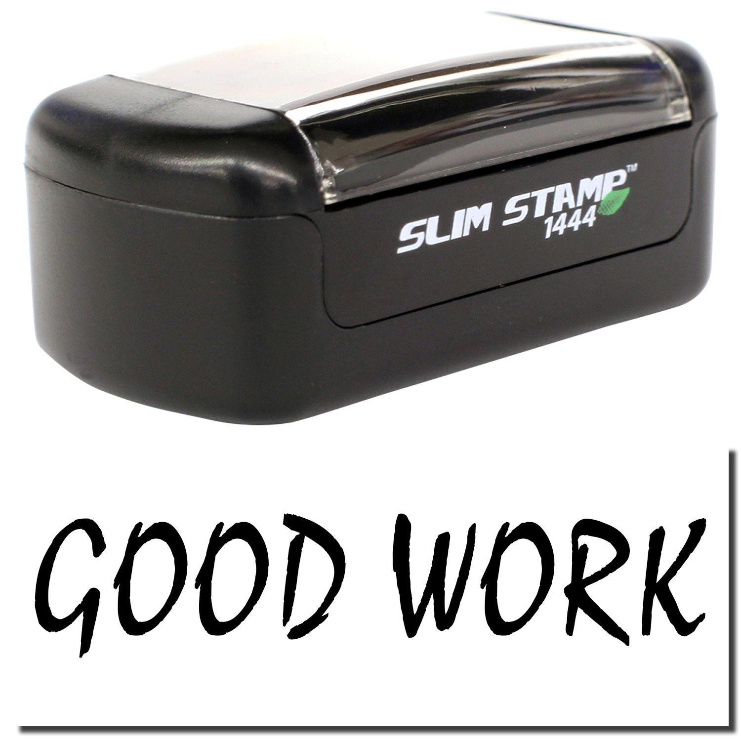 A stock office pre-inked stamp with a stamped image showing how the text "GOOD WORK" is displayed after stamping.