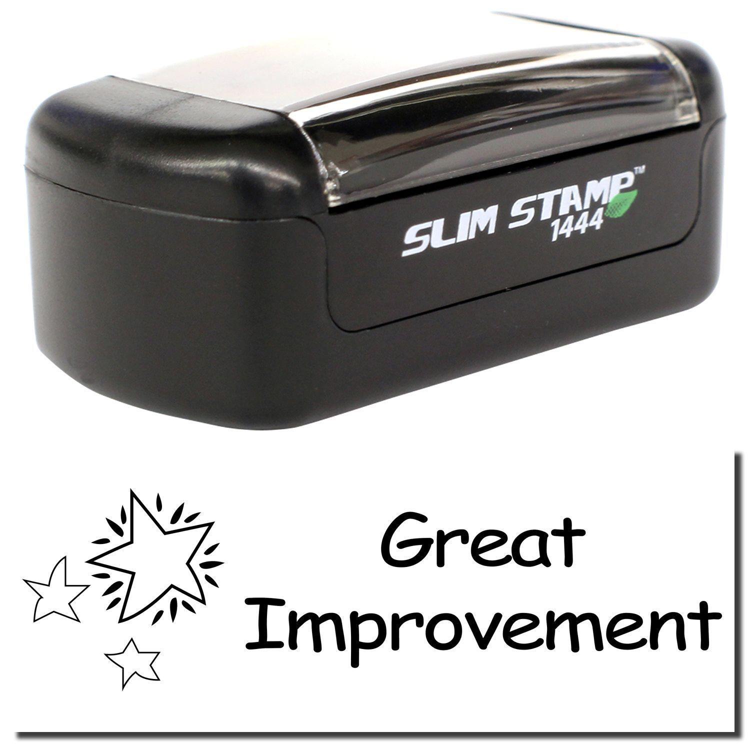 A stock office pre-inked stamp with a stamped image showing how the text "Great Improvement" in a whimsical font with a trio of stars on the left side is displayed after stamping.