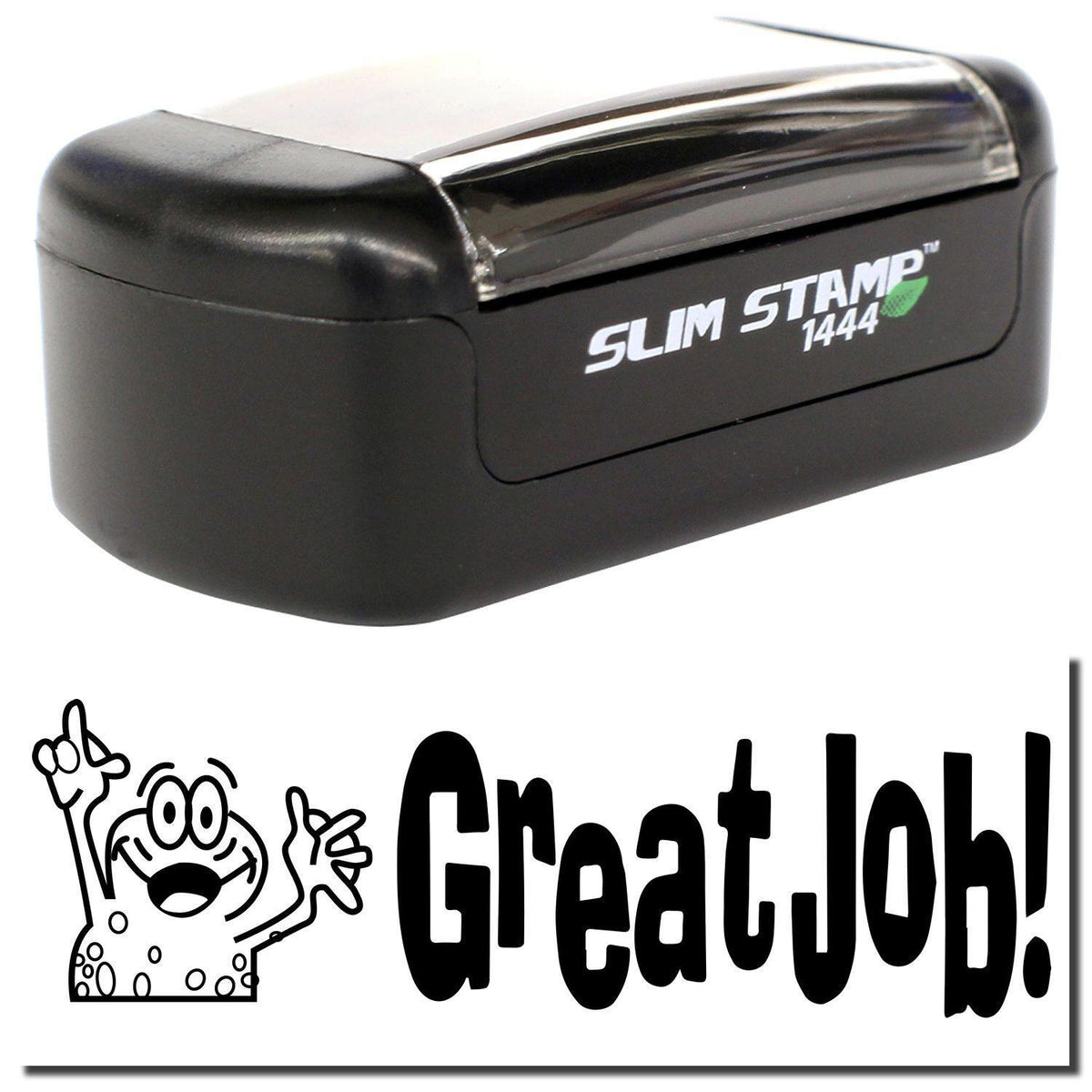 A stock office pre-inked stamp with a stamped image showing how the text &quot;Great Job!&quot; with a frog image whose hands are up in the air on the left side is displayed after stamping.