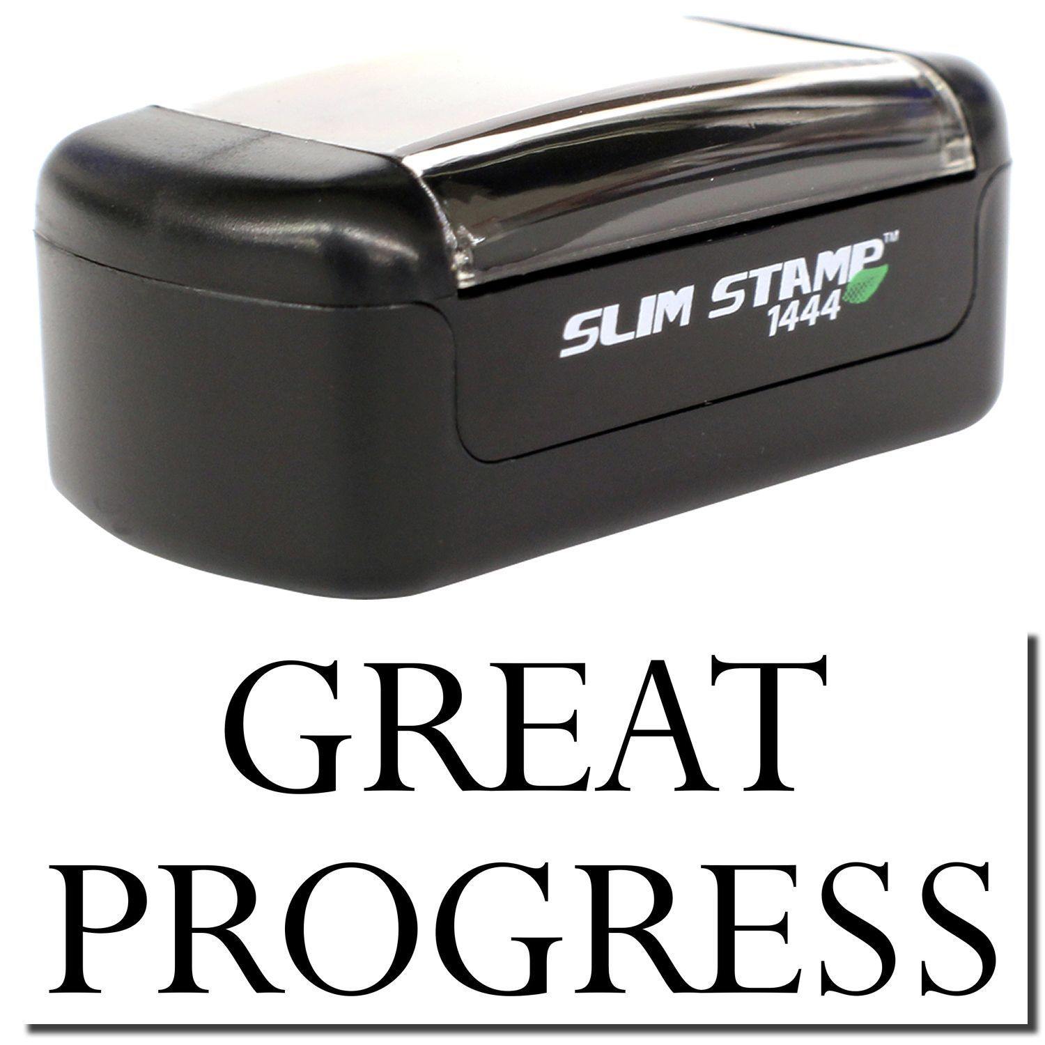 A stock office pre-inked stamp with a stamped image showing how the text GREAT PROGRESS is displayed after stamping.