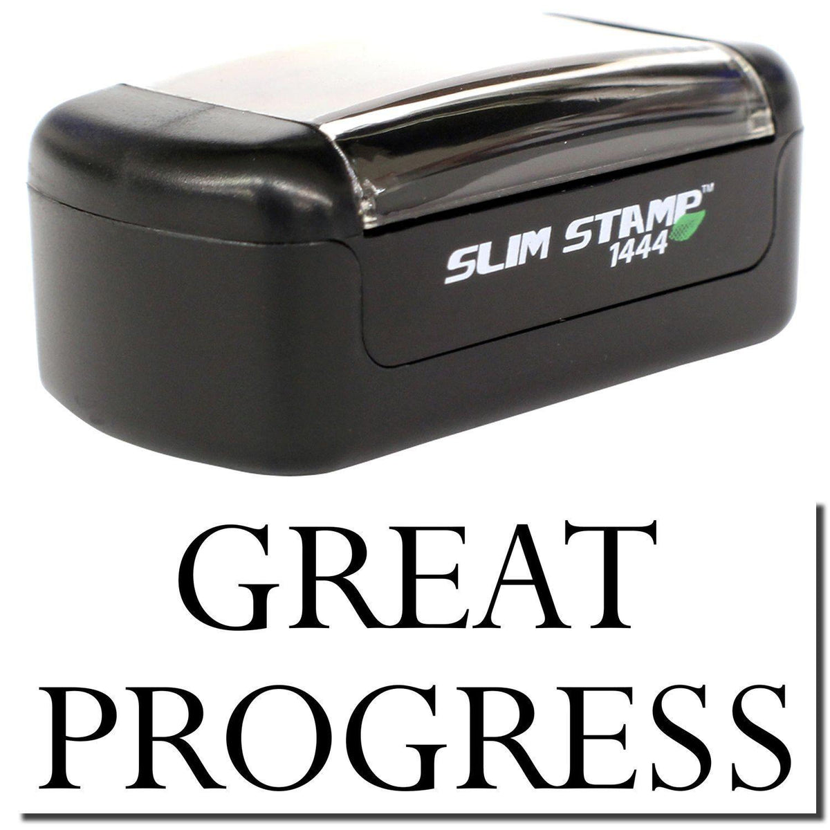 A stock office pre-inked stamp with a stamped image showing how the text &quot;GREAT PROGRESS&quot; is displayed after stamping.