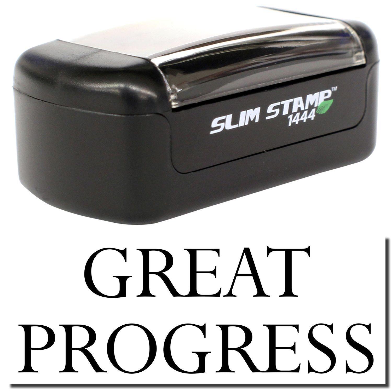 A stock office pre-inked stamp with a stamped image showing how the text "GREAT PROGRESS" is displayed after stamping.