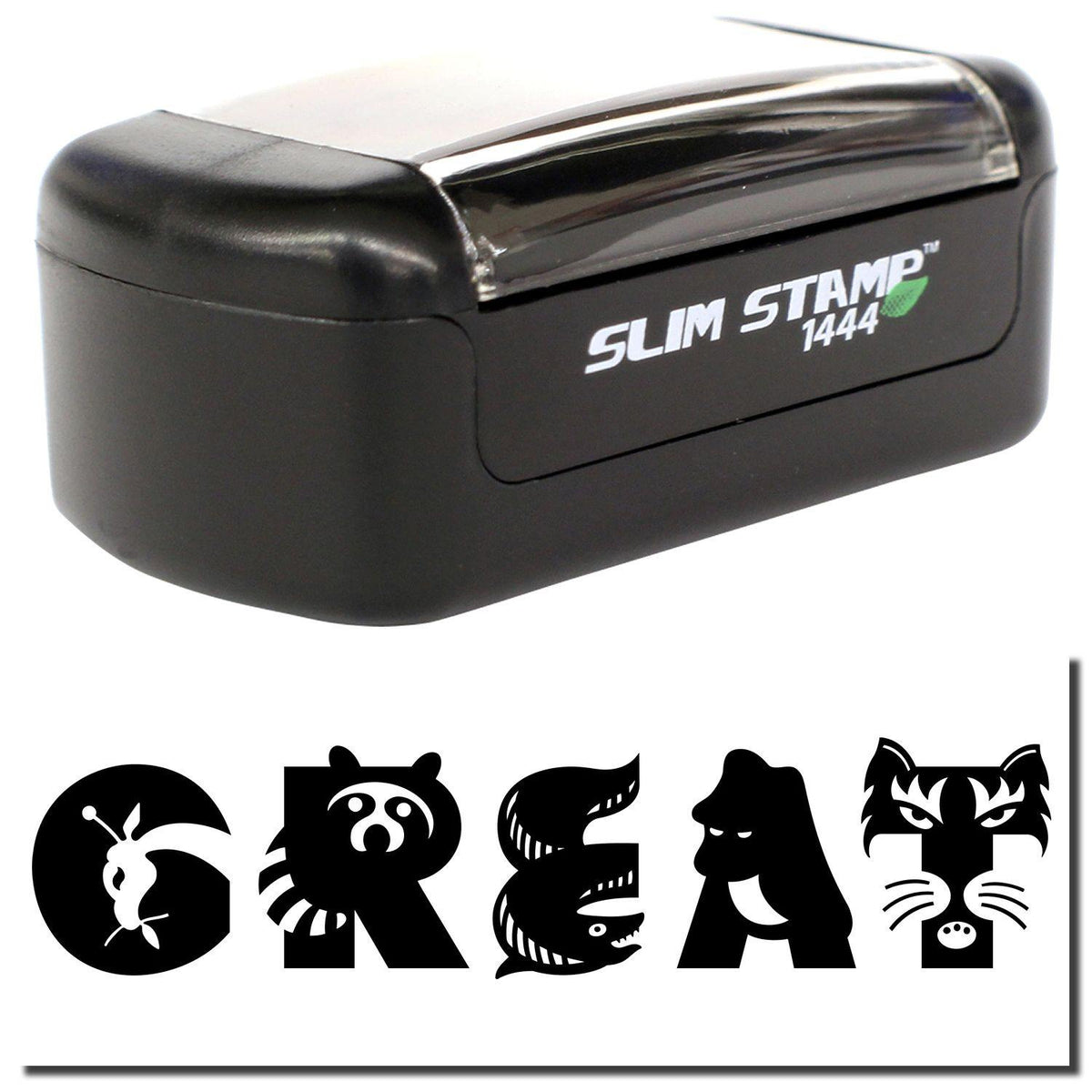 A stock office pre-inked stamp with a stamped image showing how the text &quot;GREAT&quot; (Each letter in the word &quot;GREAT&quot; resembles an animal, including a giraffe, raccoon, eel, ape, and tiger) is displayed after stamping.