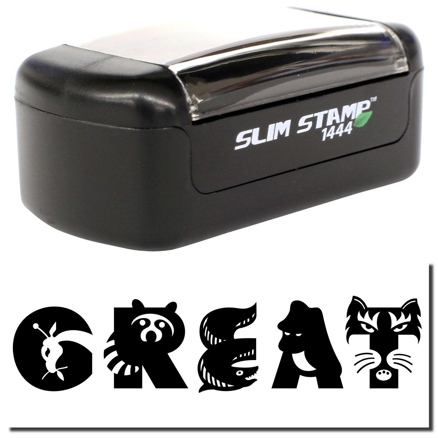 A stock office pre-inked stamp with a stamped image showing how the text "GREAT" (Each letter in the word "GREAT" resembles an animal, including a giraffe, raccoon, eel, ape, and tiger) is displayed after stamping.