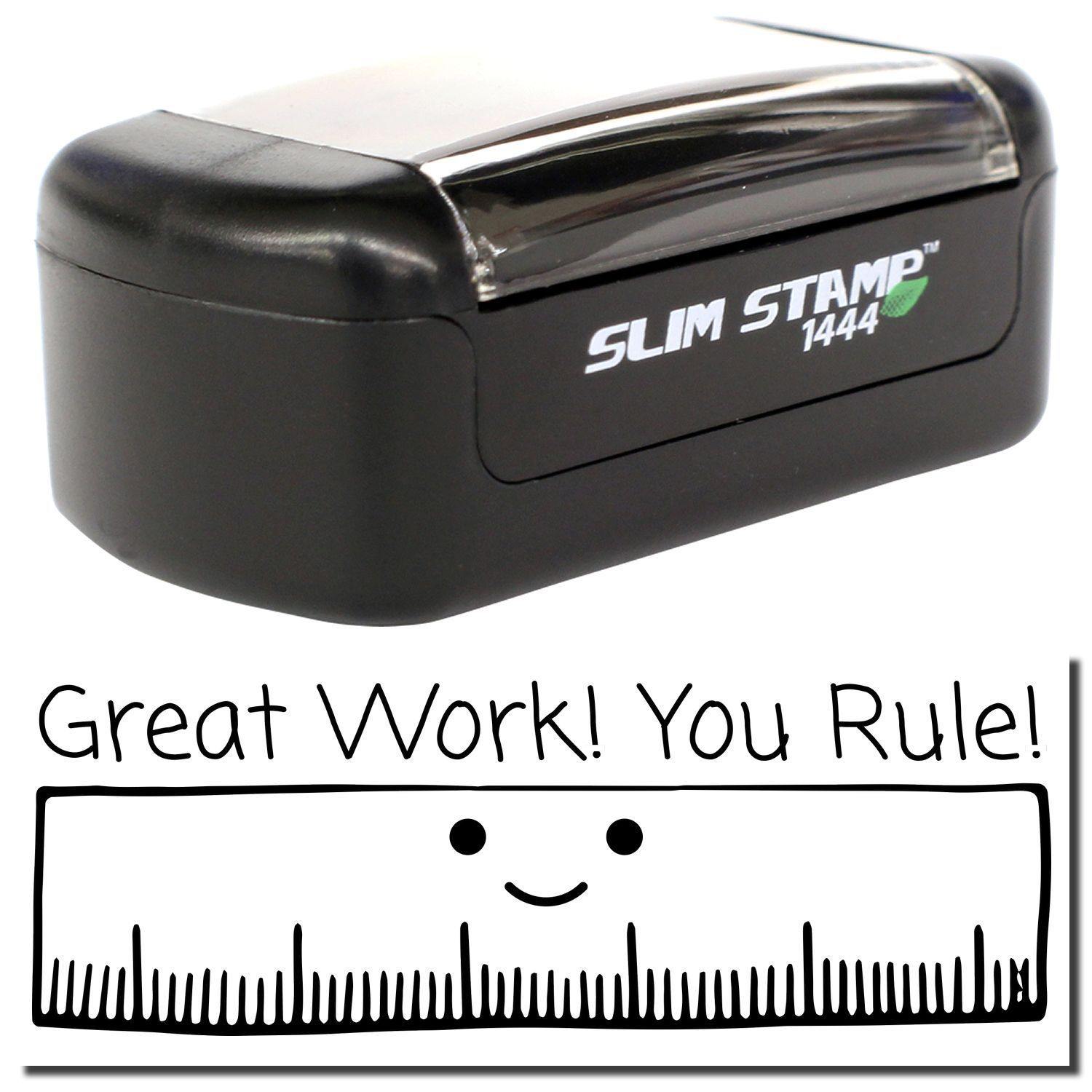 A stock office pre-inked stamp with a stamped image showing how the text "Great Work! You Rule!" with a large image of a ruler with a smiling face is displayed after stamping.