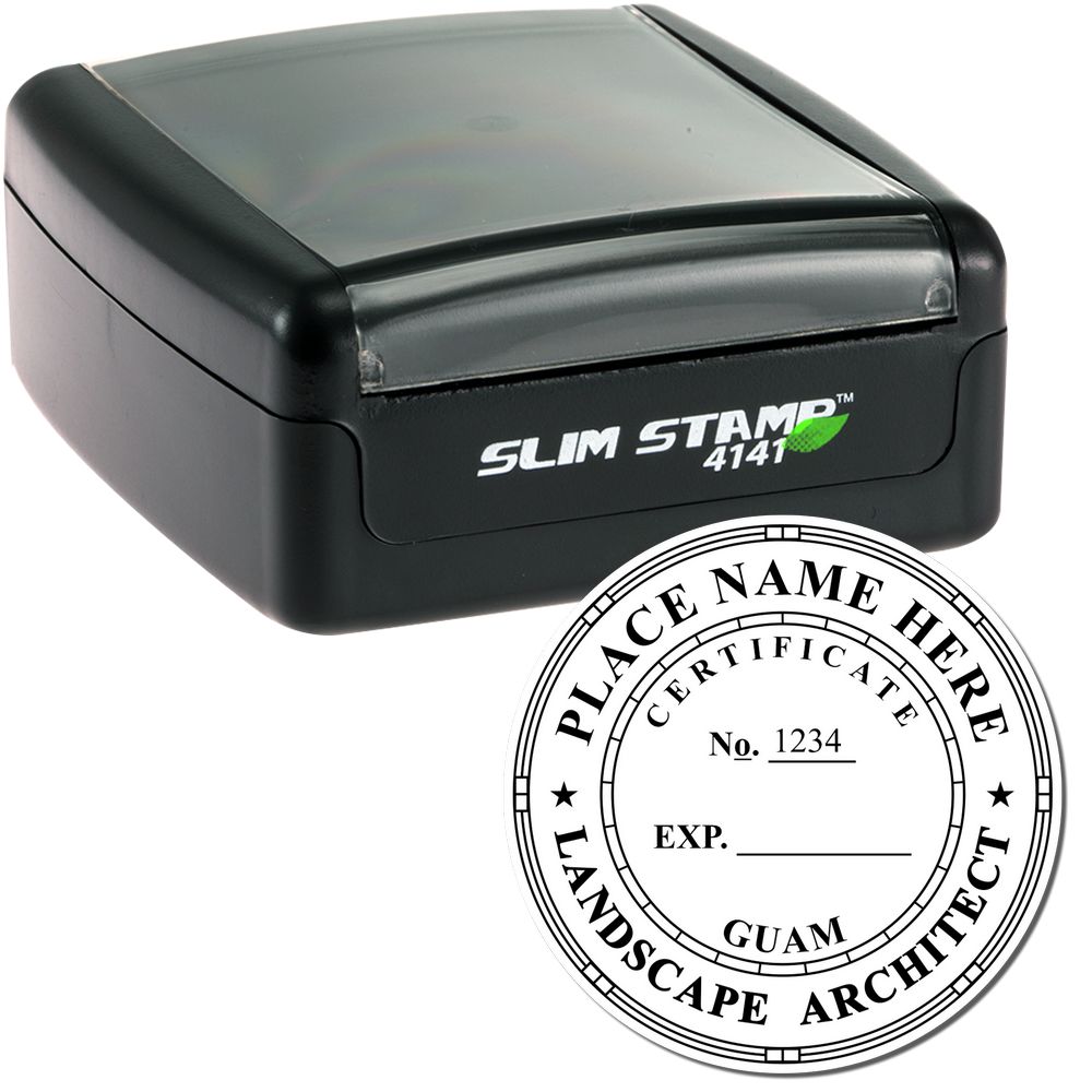The main image for the Slim Pre-Inked Guam Landscape Architect Seal Stamp depicting a sample of the imprint and electronic files