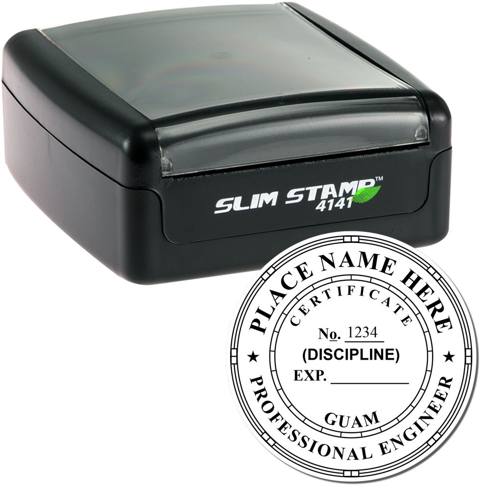 The main image for the Slim Pre-Inked Guam Professional Engineer Seal Stamp depicting a sample of the imprint and electronic files