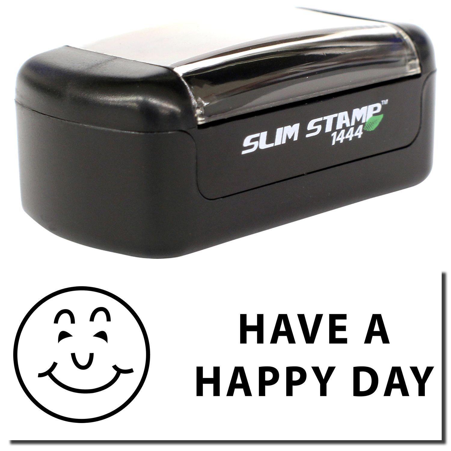 A stock office pre-inked stamp with a stamped image showing how the text "HAVE A HAPPY DAY" with a smiling face icon on the left side is displayed after stamping.