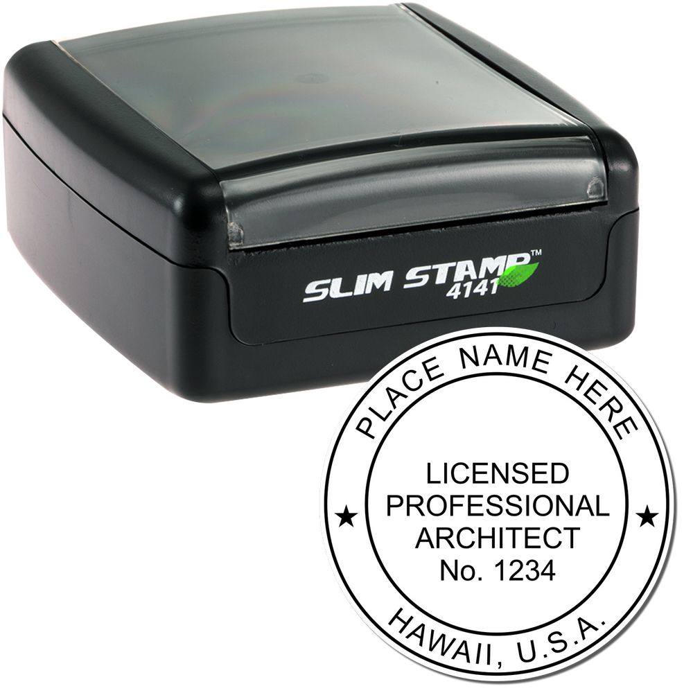 The main image for the Slim Pre-Inked Hawaii Architect Seal Stamp depicting a sample of the imprint and electronic files