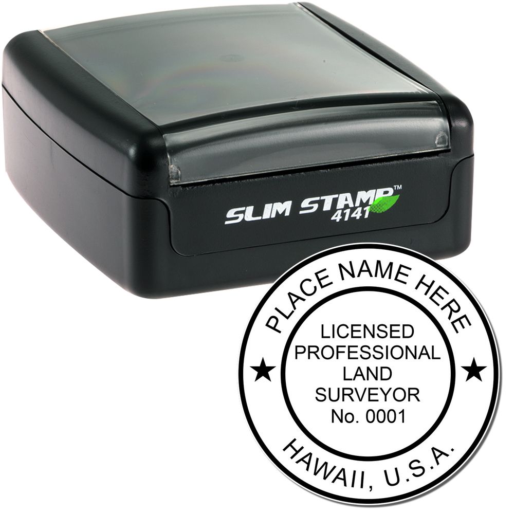 The main image for the Slim Pre-Inked Hawaii Land Surveyor Seal Stamp depicting a sample of the imprint and electronic files
