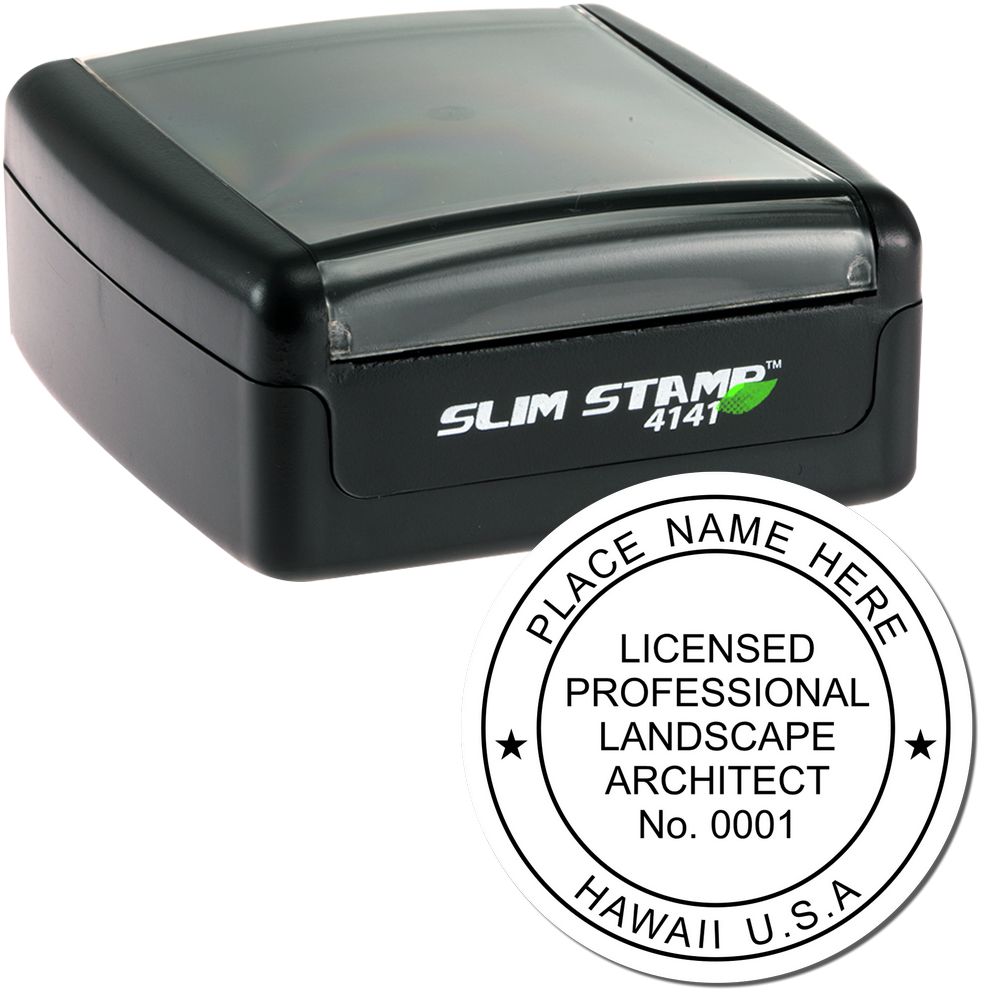 The main image for the Slim Pre-Inked Hawaii Landscape Architect Seal Stamp depicting a sample of the imprint and electronic files