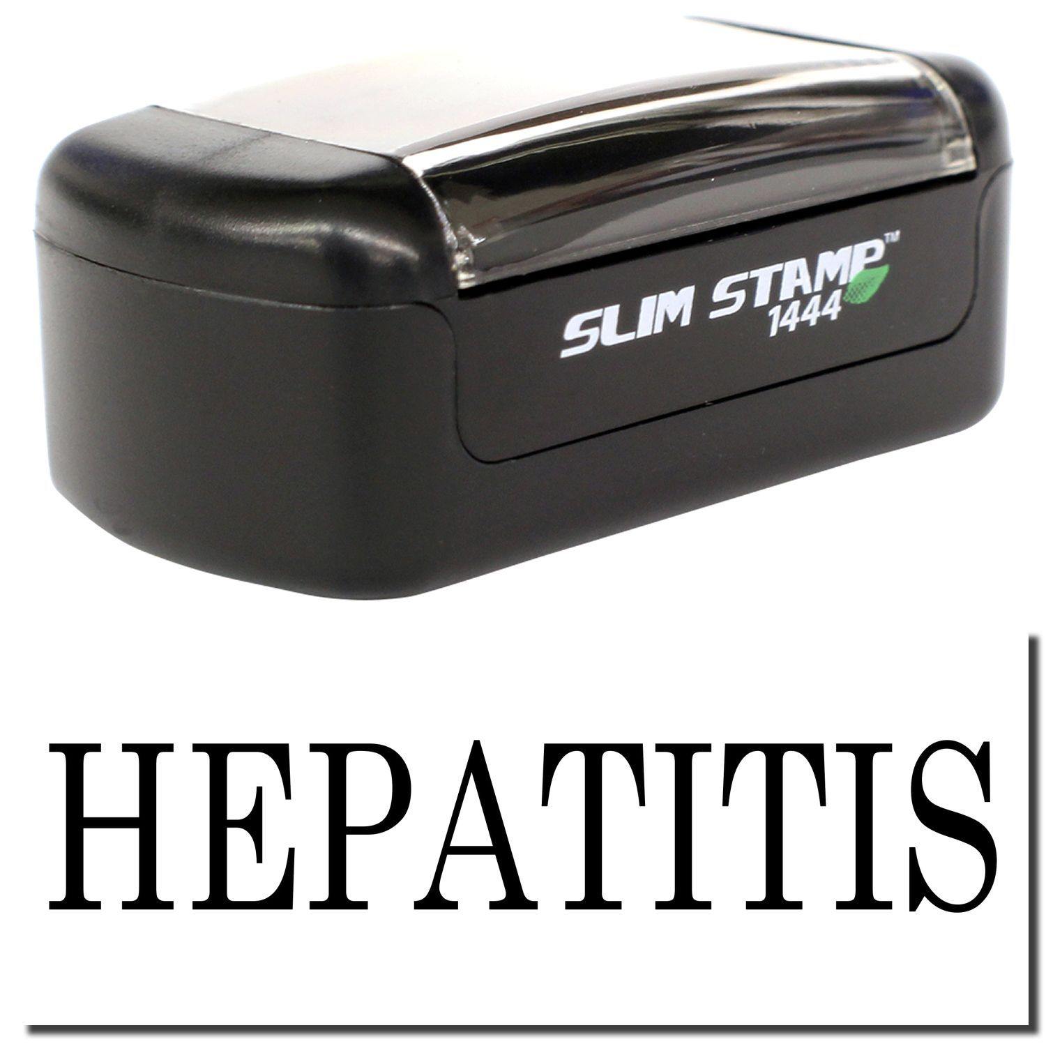 A stock office pre-inked stamp with a stamped image showing how the text HEPATITIS is displayed after stamping.