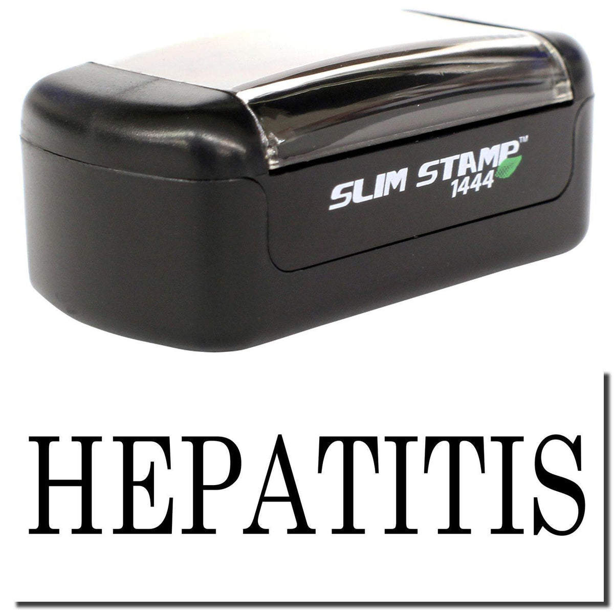 A stock office pre-inked stamp with a stamped image showing how the text &quot;HEPATITIS&quot; is displayed after stamping.