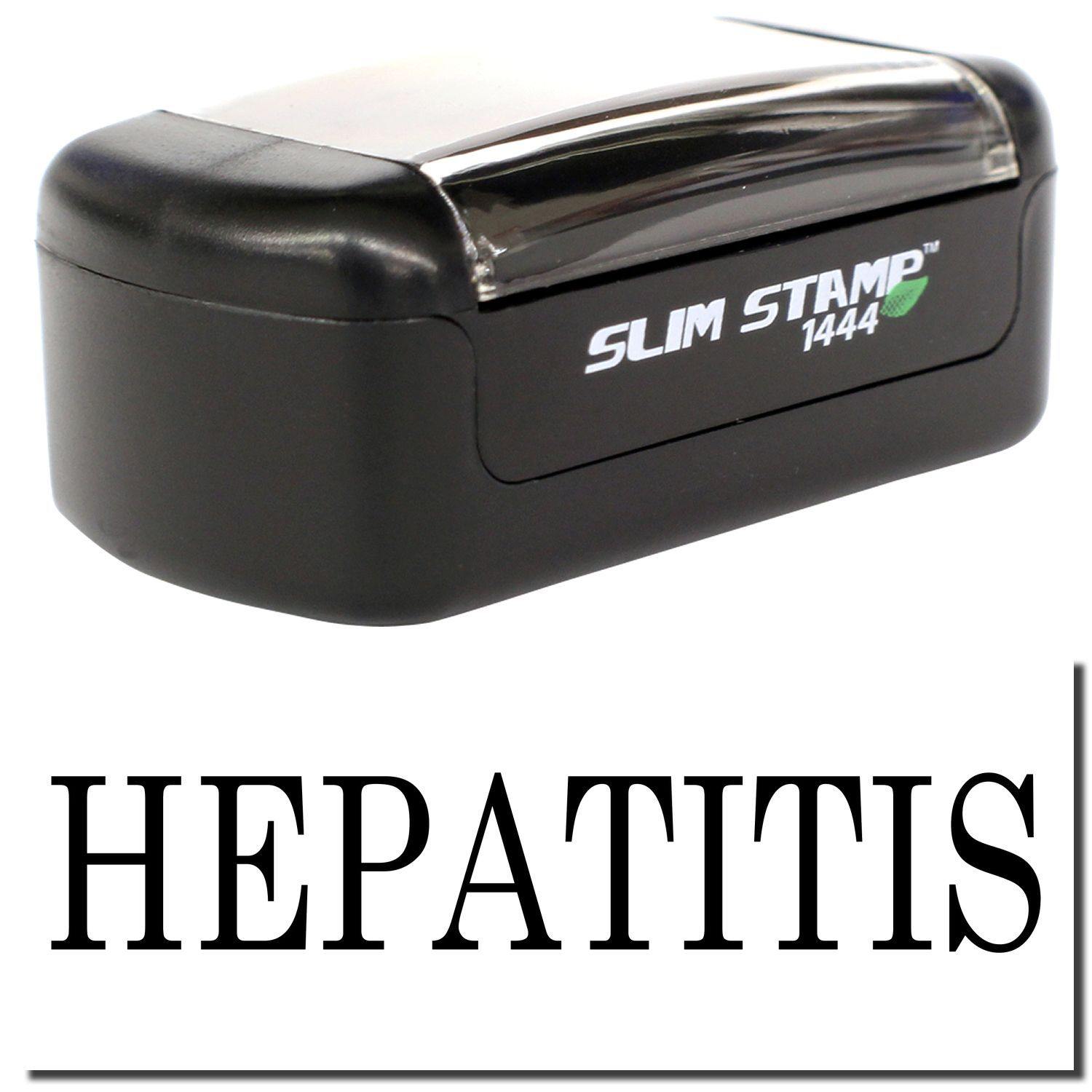 A stock office pre-inked stamp with a stamped image showing how the text "HEPATITIS" is displayed after stamping.