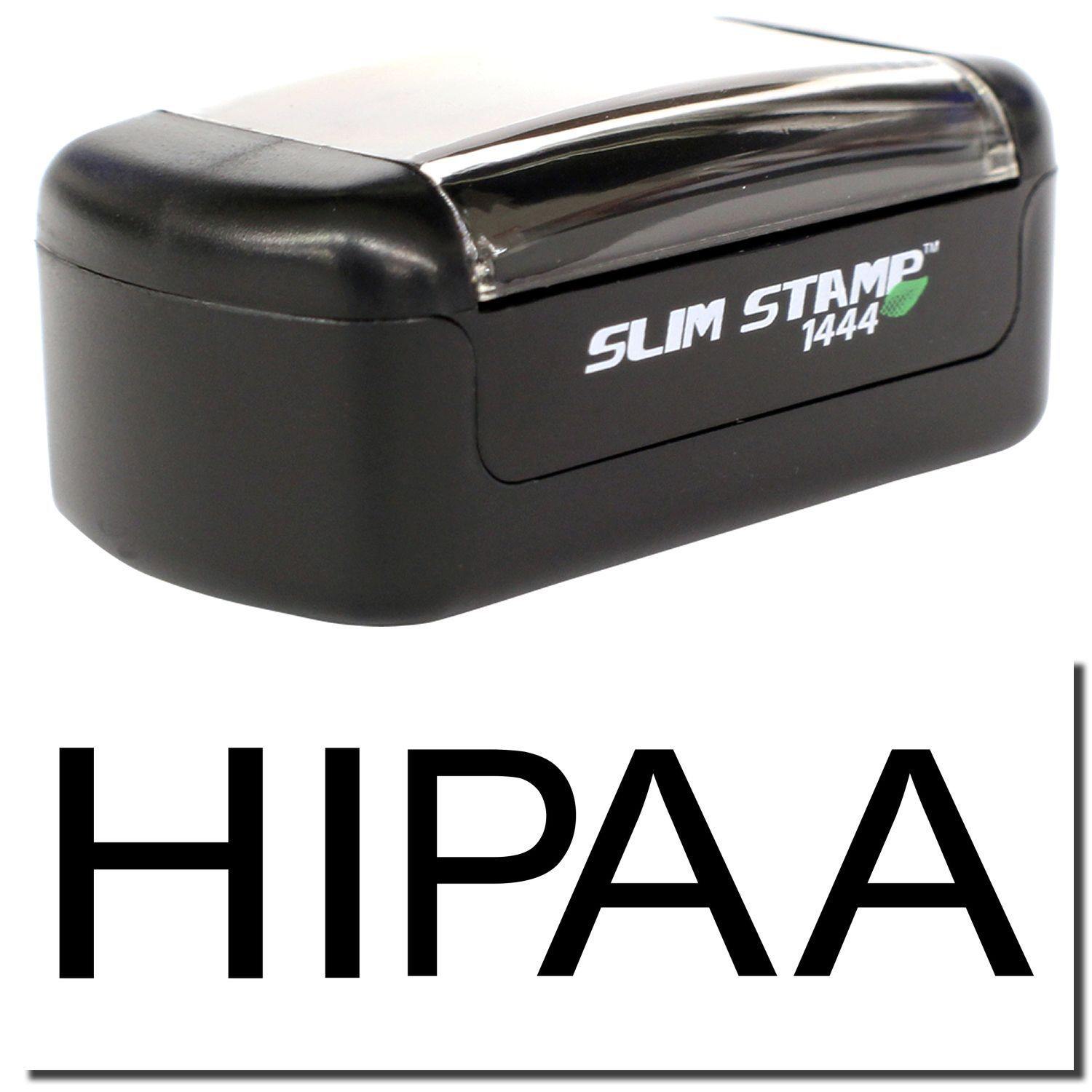 A stock office pre-inked stamp with a stamped image showing how the text HIPAA is displayed after stamping.