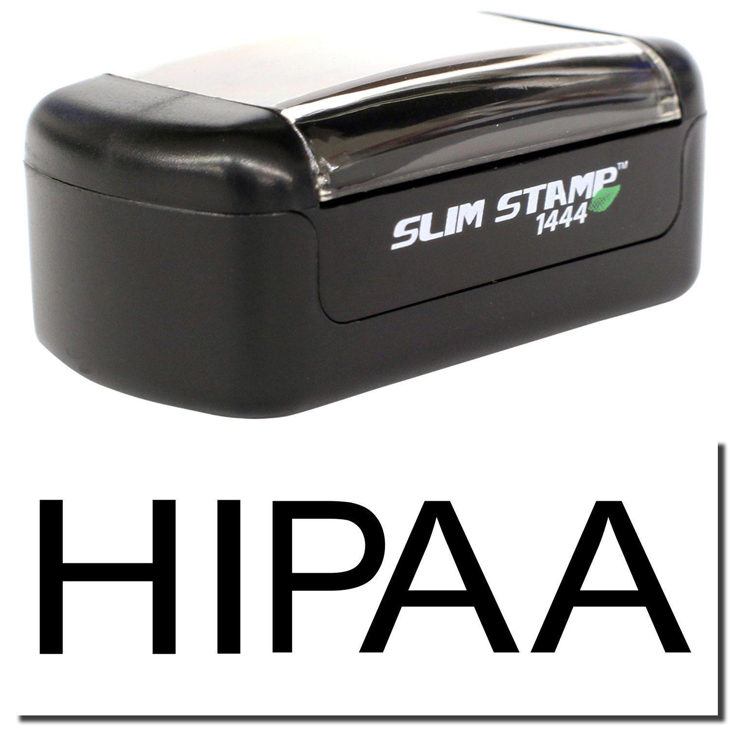 A stock office pre-inked stamp with a stamped image showing how the text "HIPAA" is displayed after stamping.
