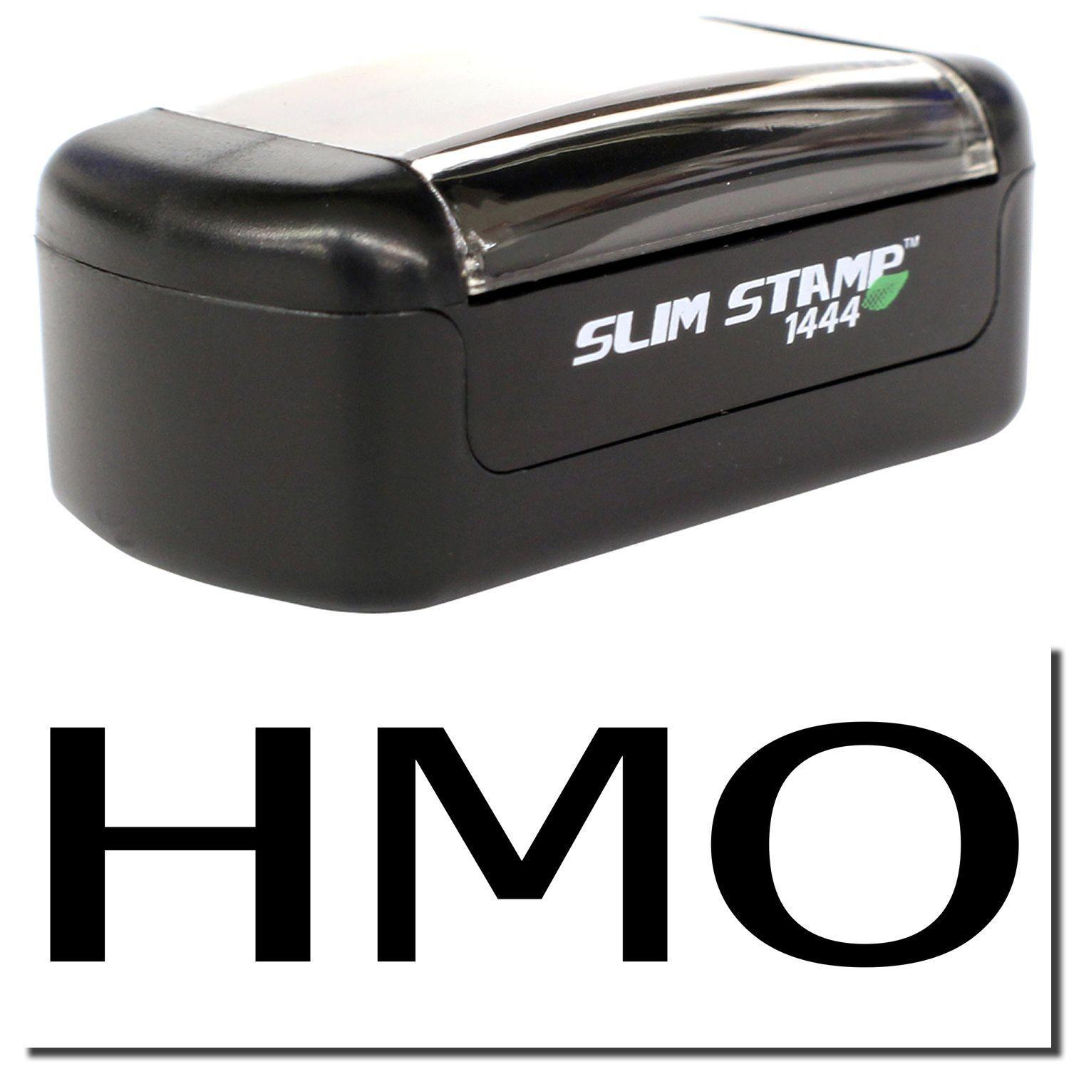 A stock office pre-inked stamp with a stamped image showing how the text HMO is displayed after stamping.