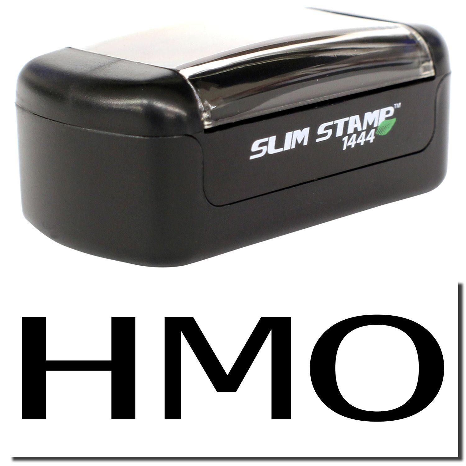A stock office pre-inked stamp with a stamped image showing how the text "HMO" is displayed after stamping.