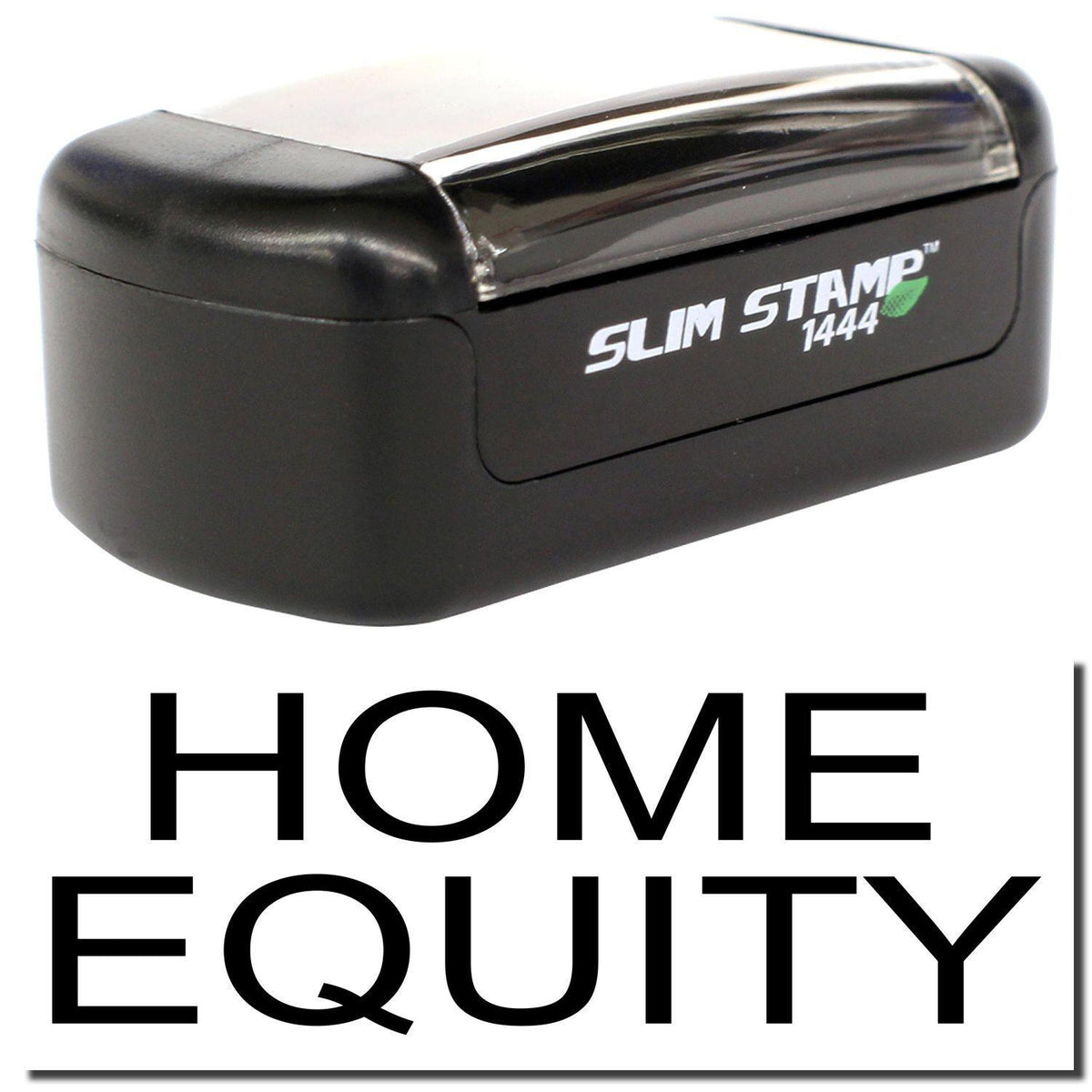 A stock office pre-inked stamp with a stamped image showing how the text &quot;HOME EQUITY&quot; is displayed after stamping.