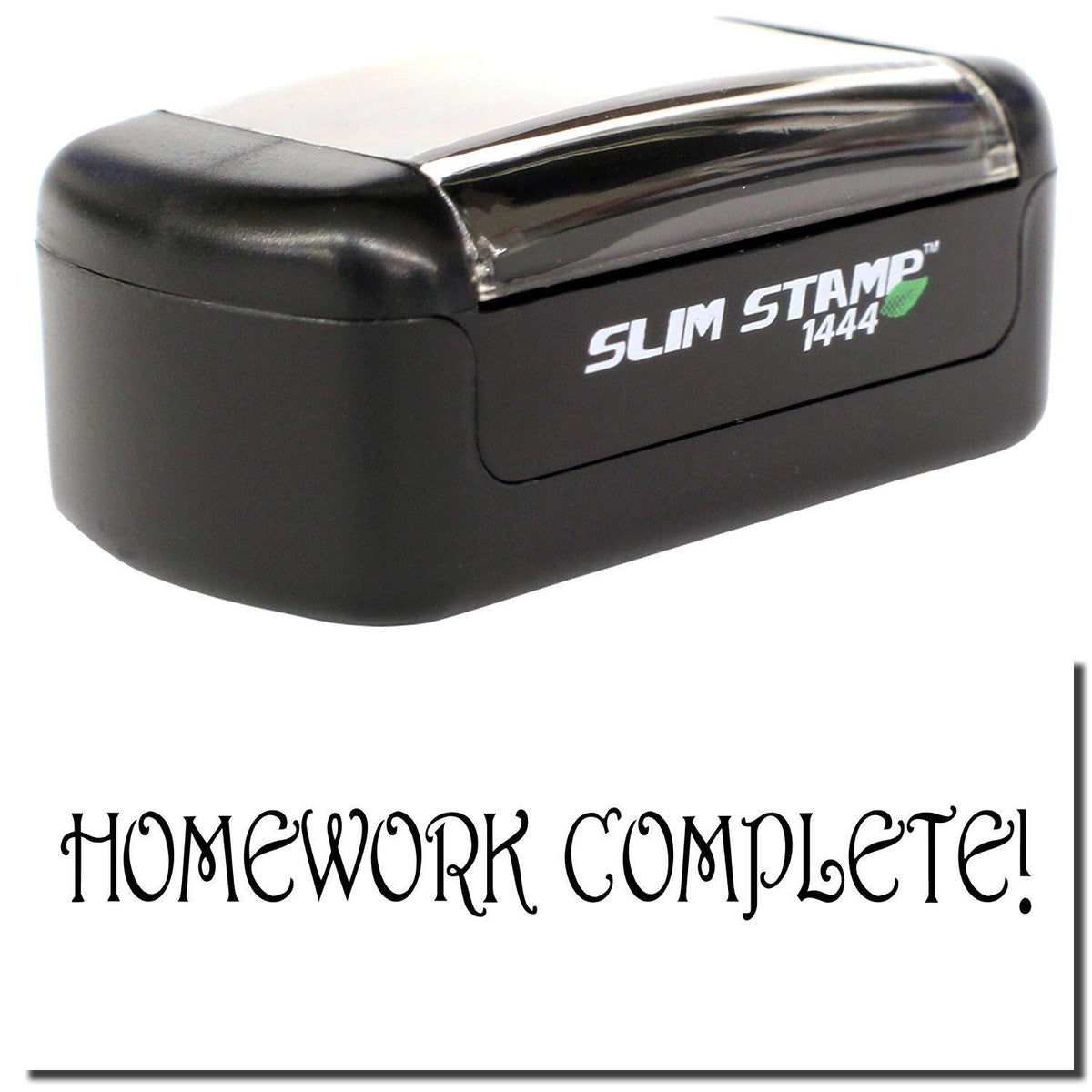 A stock office pre-inked stamp with a stamped image showing how the text &quot;HOMEWORK COMPLETE!&quot; is displayed after stamping.