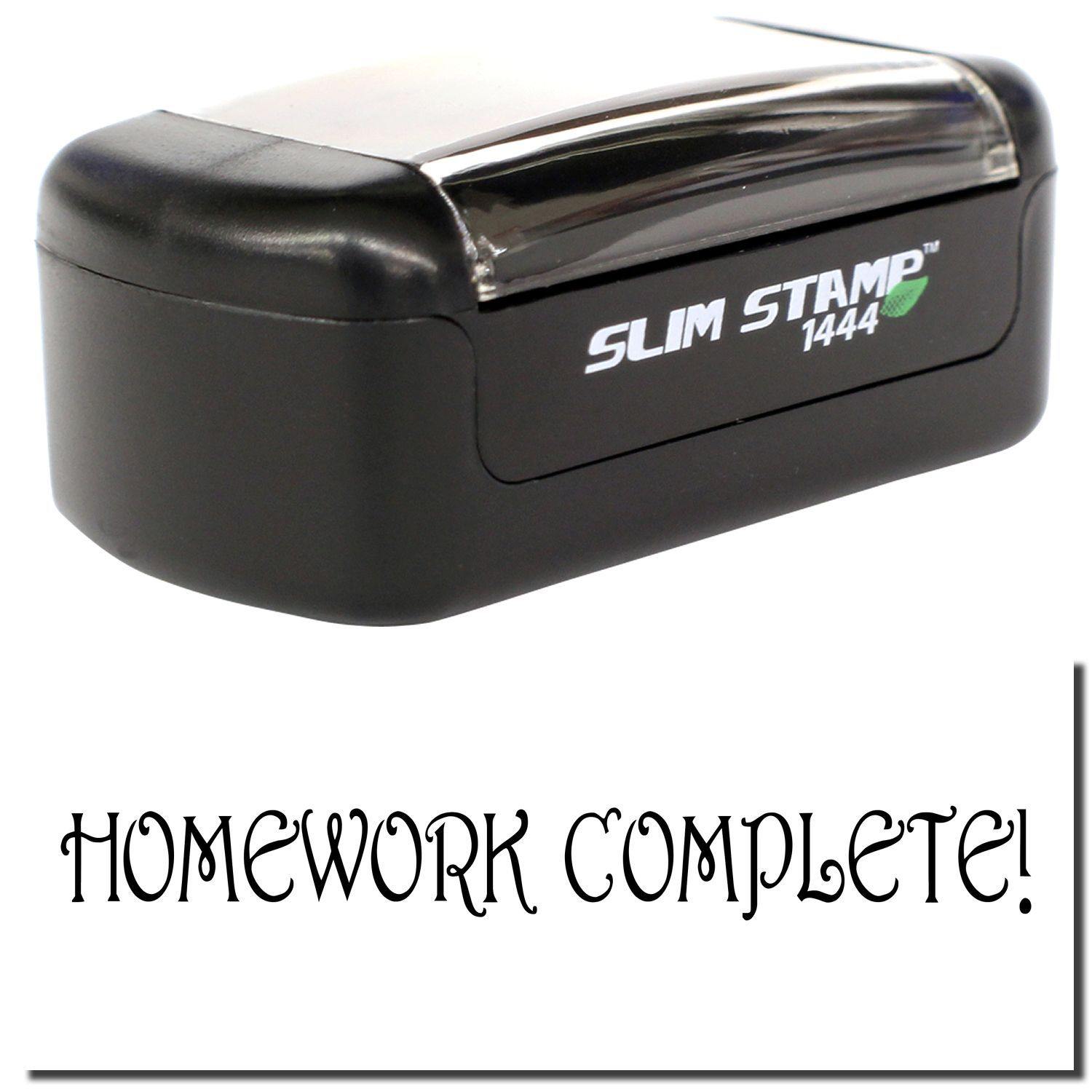 A stock office pre-inked stamp with a stamped image showing how the text "HOMEWORK COMPLETE!" is displayed after stamping.