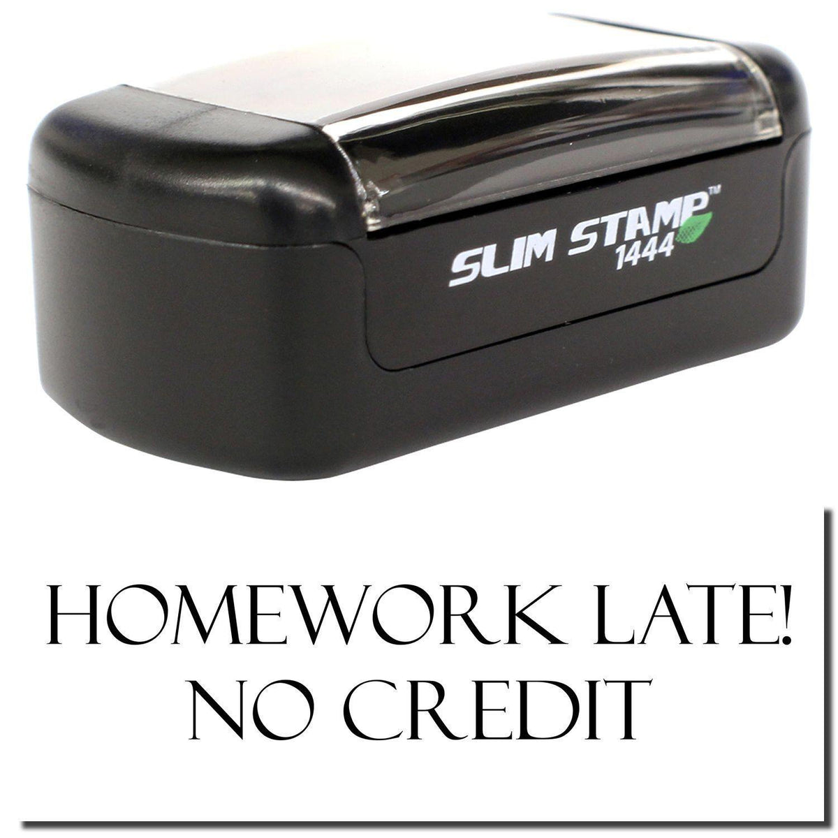 A stock office pre-inked stamp with a stamped image showing how the text &quot;HOMEWORK LATE! NO CREDIT&quot; is displayed after stamping.